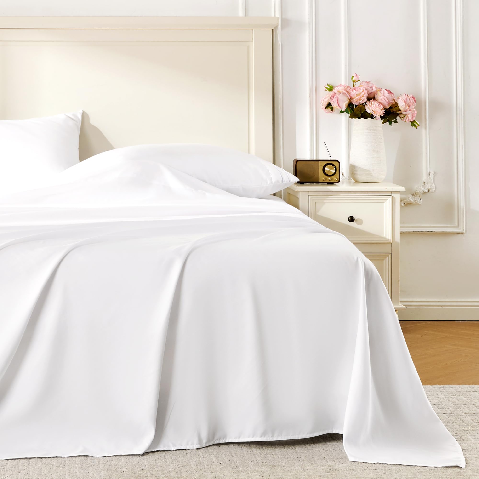 ROSE RISY White Queen Sheet Set 4 Pieces Soft Bedding Queen Sheet Set Breathable and Cooling Sheets Deep