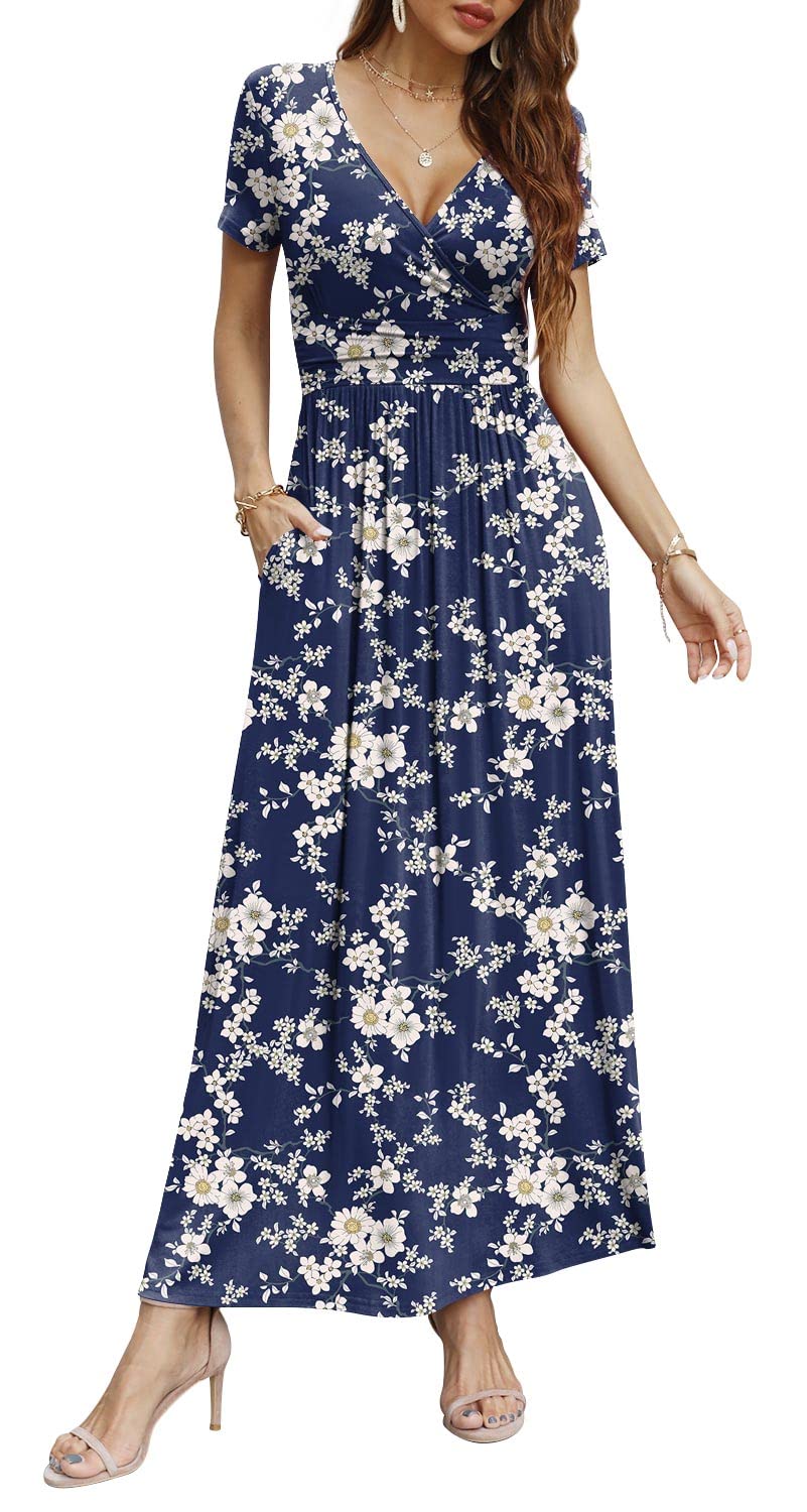 CATHY Women Short Sleeve Deep V-Neck Casual Long Dress Sexy Pleated Waist Maxi Dresses with Pockets