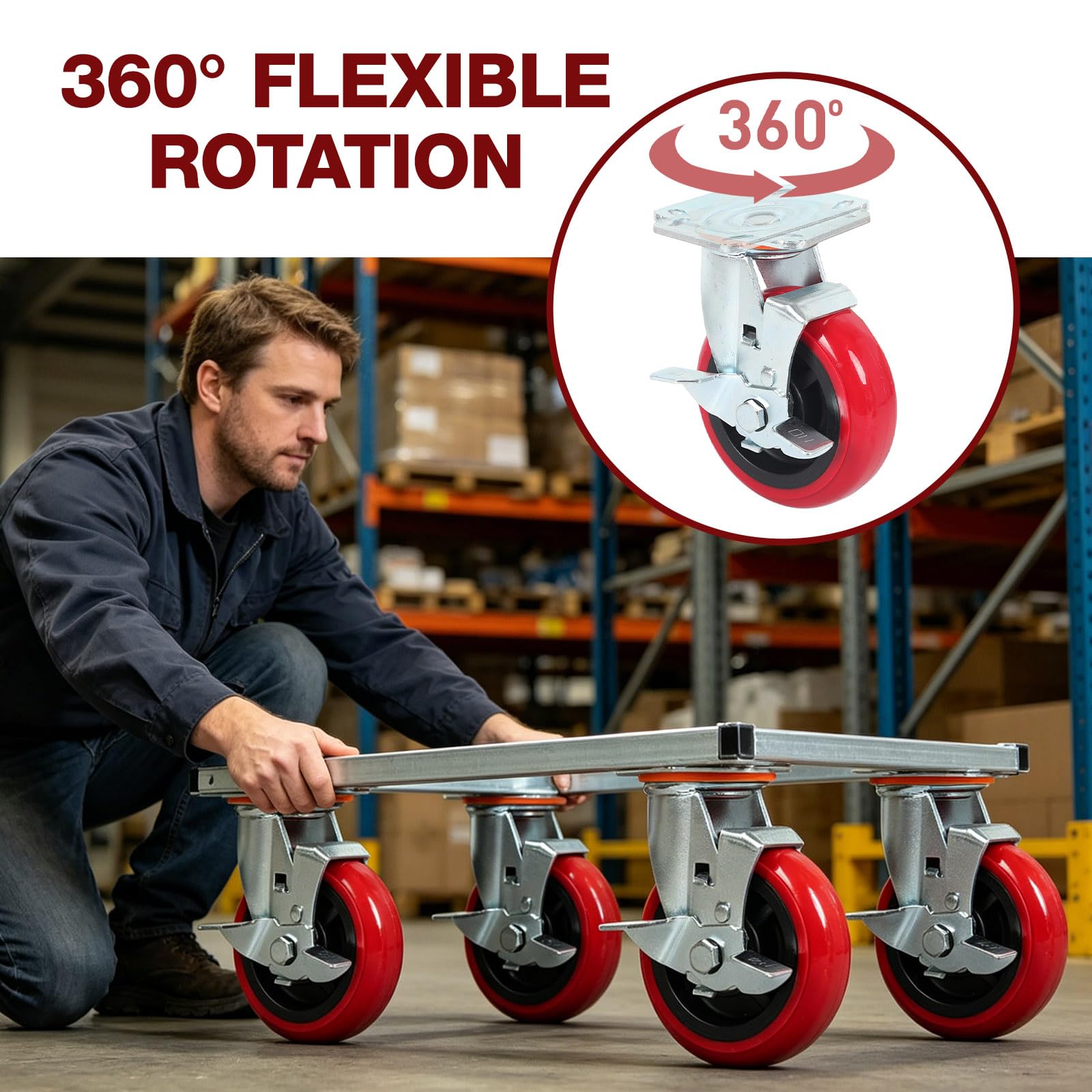 125mm Schwerlastrollen,4 Stück Industriell Rollen Schwerlast mit Bremse | Polyurethan Rollen Groß Tragfähigkeit 1000kg Verschleißfest Robuste Möbelrollen für industrietransporte (125 mm)
