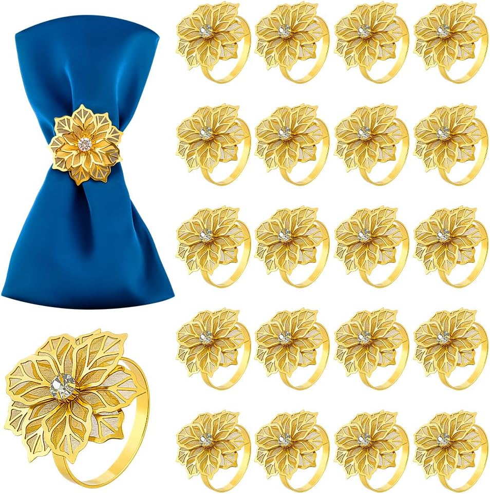 60Pcs Flower Napkin Ring, Hollow Out Floral Napkin Holder Table Ring Buckle Dining Table Setting for Party Wedding Banquet Christmas Family Gatherings Gather Prom Table Decoration (Gold)