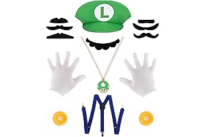 Luigi Costume Kids Outfit | Super Bros Hat Mustaches Gloves Cosplay for Boys Girls