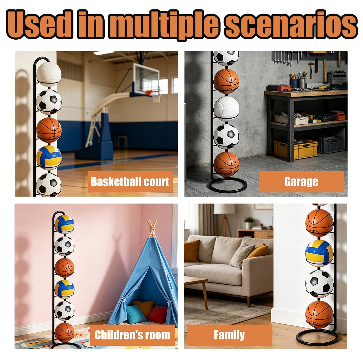 Support Ballon Foot à 6 Niveaux, Rangement Ballon Vertical, Support Ballon Basket en Métal, Porte Ballon Amovible pour Football, Basketball, Volley-Ball et Rugby