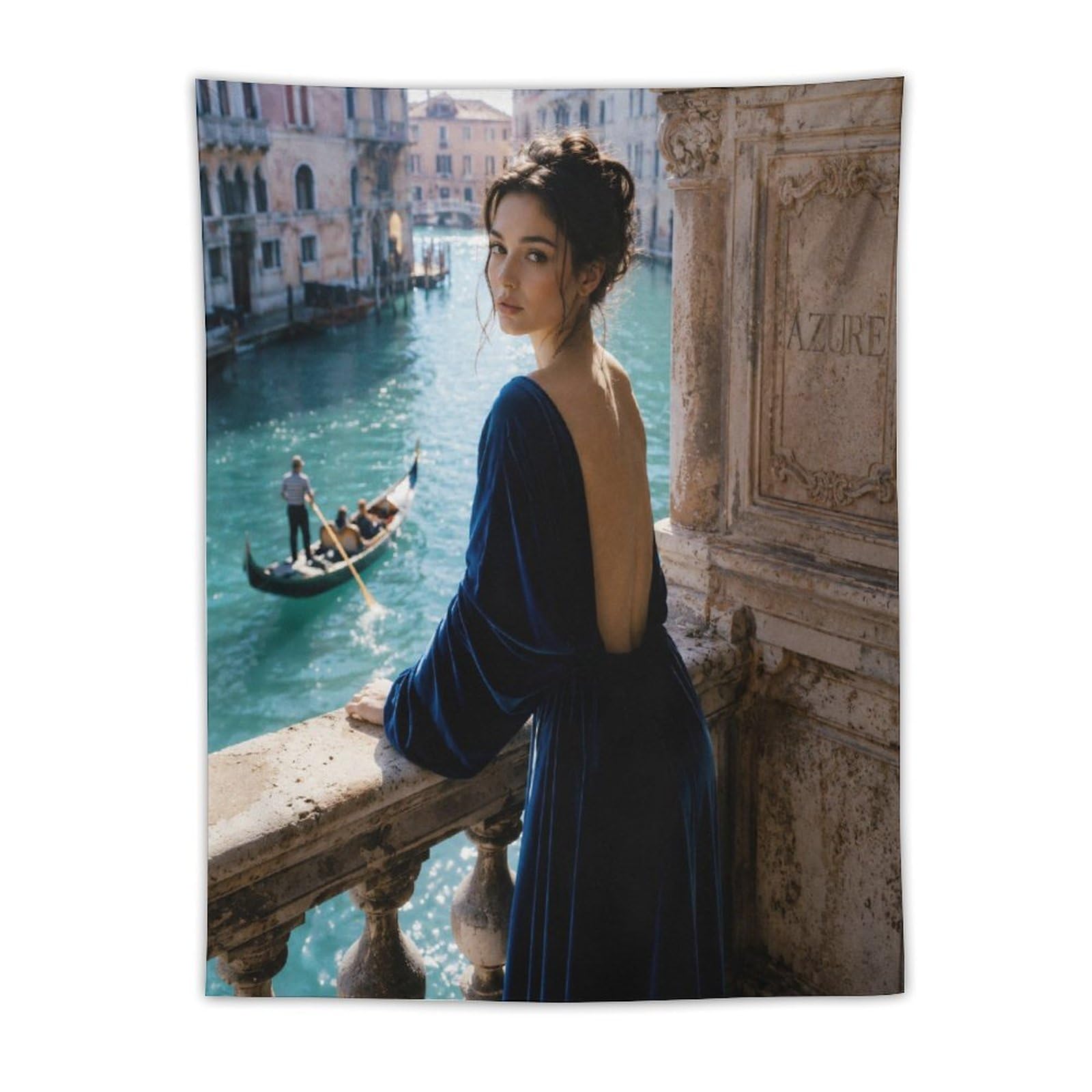 W7C8U2X3 Woman Overlooking Gondola Wall Tapestry, Elegant Venice