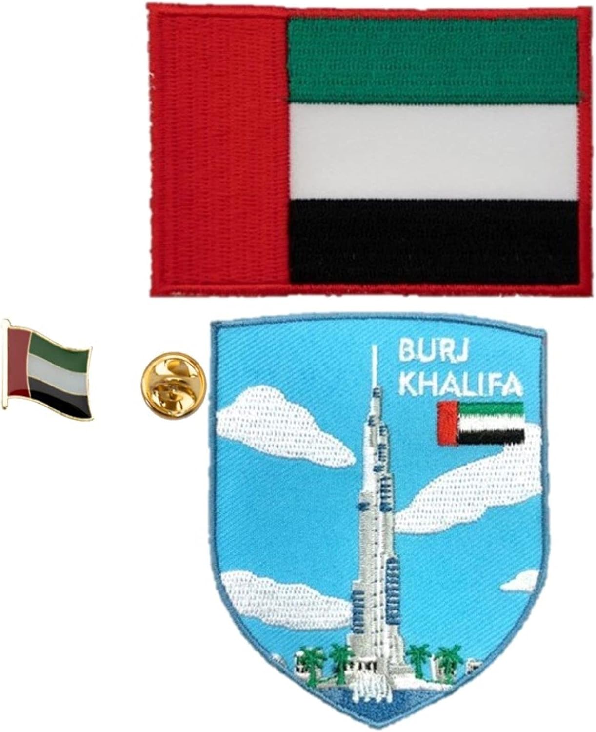 A-ONE 3 PCS Pack- Dubai Burj Khalifa Patch+UAE Flag Lapel Pin and Embroidery, Highest Architecture Sovenir, Dubai Landmark, Arab Tourist Spot, Clothing Sew on Iron on Patch, Creative Brooch NO.255B