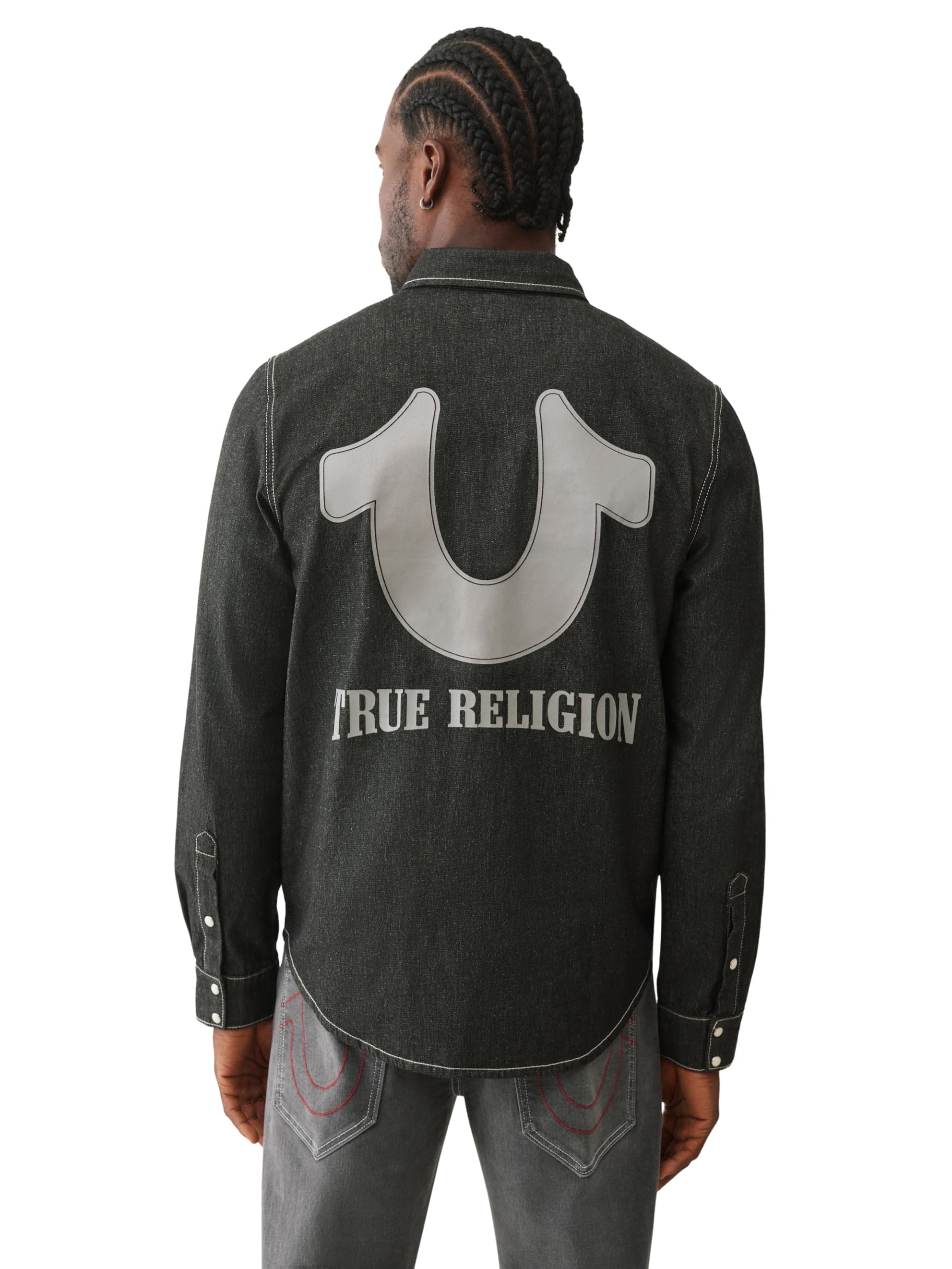 True Religion Herren Black Chambray Logo Long Sleeve, Black, S