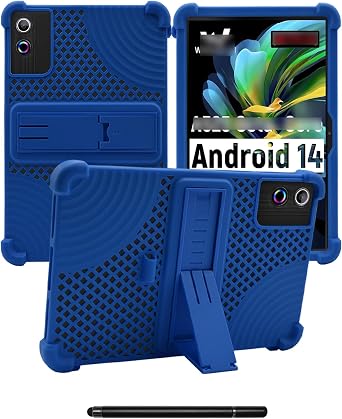 for ROWT A10/Relndoo P60 10 inch Android Tablet Case,BOVUGAC Soft Silicone with Capacitive Pen,Heat Dissipation Design,Adjustable Stand,Shockproof,Kids FriendlyBlue