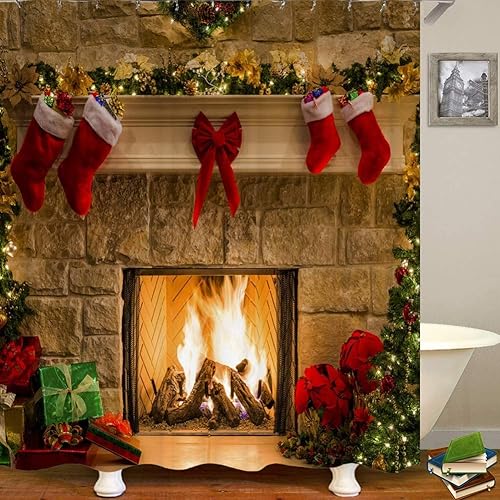 Miniatura 3 de Juego de cortinas de ducha con chimenea de Navidad para baño, juegos de baño de Navidad con cortina de ducha y alfombras, juego de cortinas de ducha