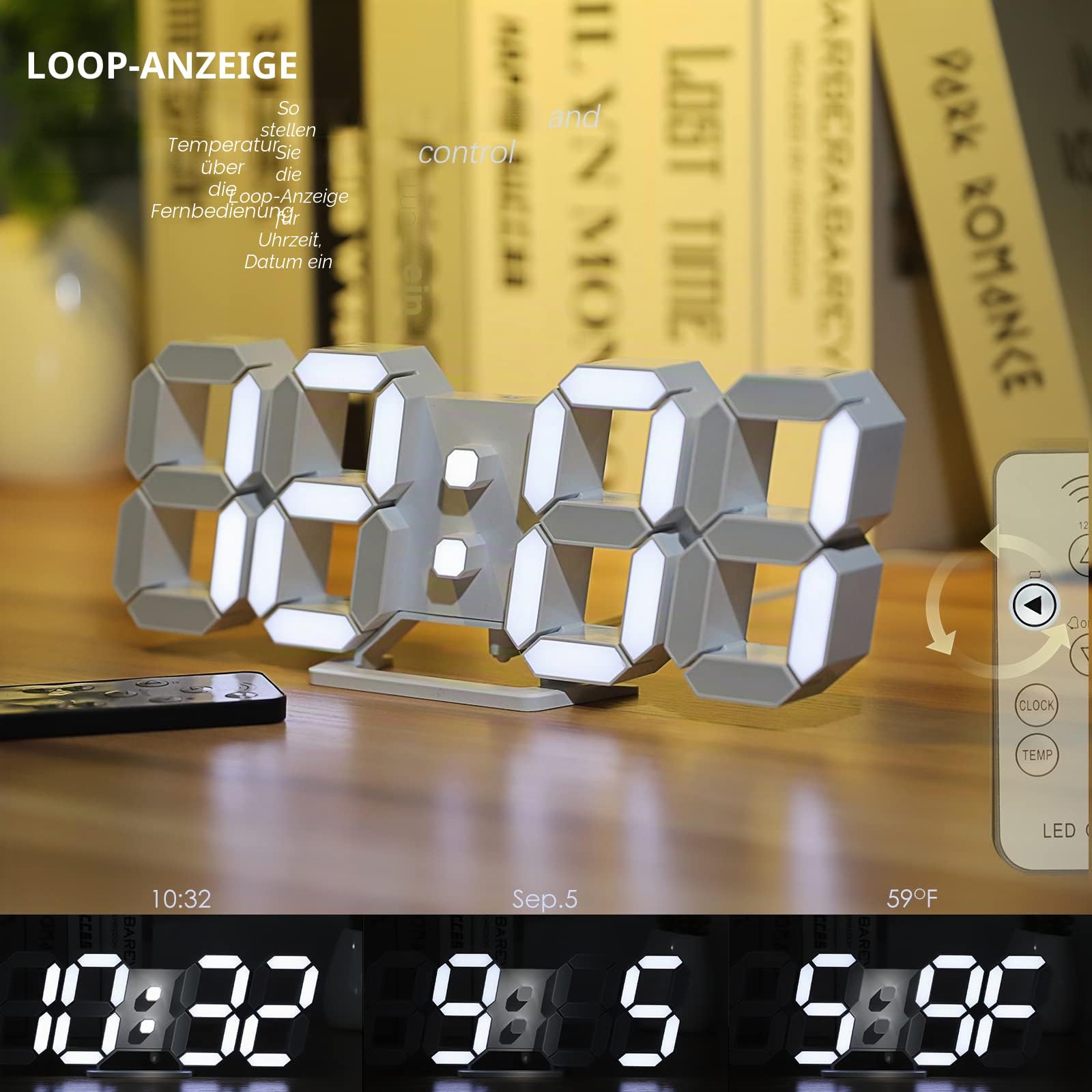 KOSUMOSU Digitaluhr 3D LED Wanduhr 9.7 Zoll, Tischuhr Großes Display Digitale Wanduhr Schreibtischuhr mit Fernbedienung 12/24H Temperatur (Weißes Licht)