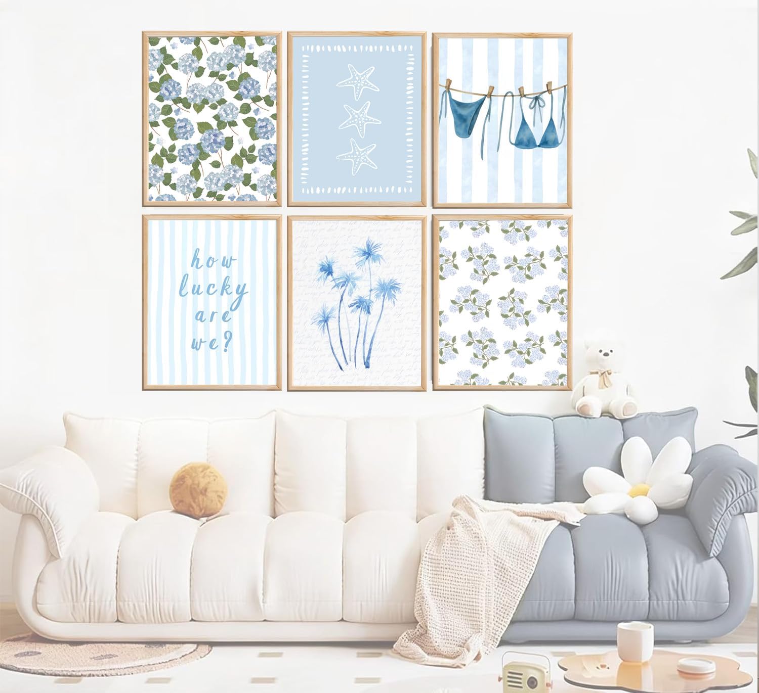 Shrandi 6 Pcs Blue Coastal Beach Canvas Wall Art Light Coastal Granddaughter Aesthetic Picture Prints Blue Bikini Starfish Posters Wall Decor for Girly Room Dorm Bedroom Decoration 12x16In Unframed