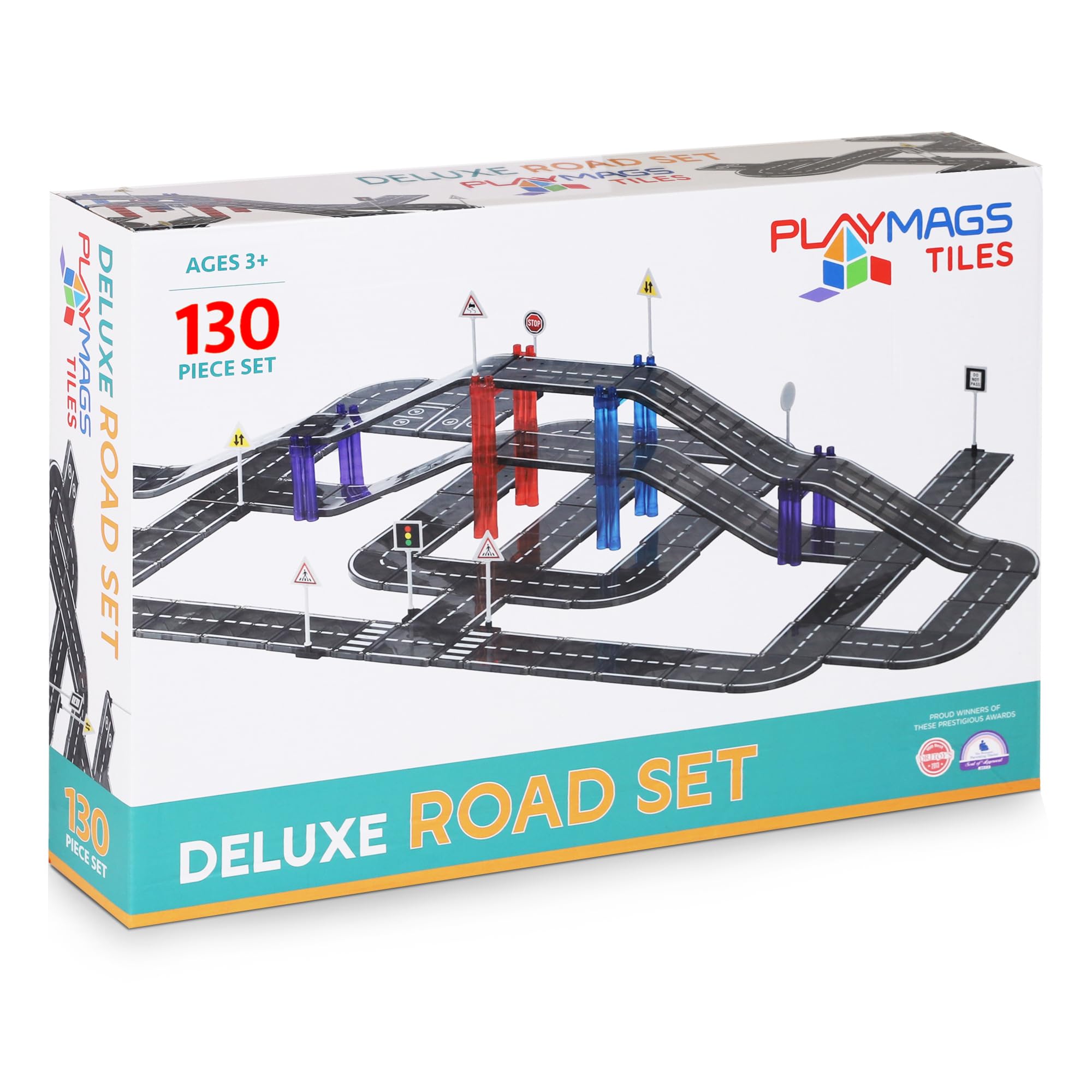 Playmags Magnetic Tiles Road Set for Kids - 130-Pieces Magnet Building Blocks Toy - Durable Creative STEM Learning Toys with Curved & Straight Car Race Track for Kids Ages 3+ 130 Piece Set