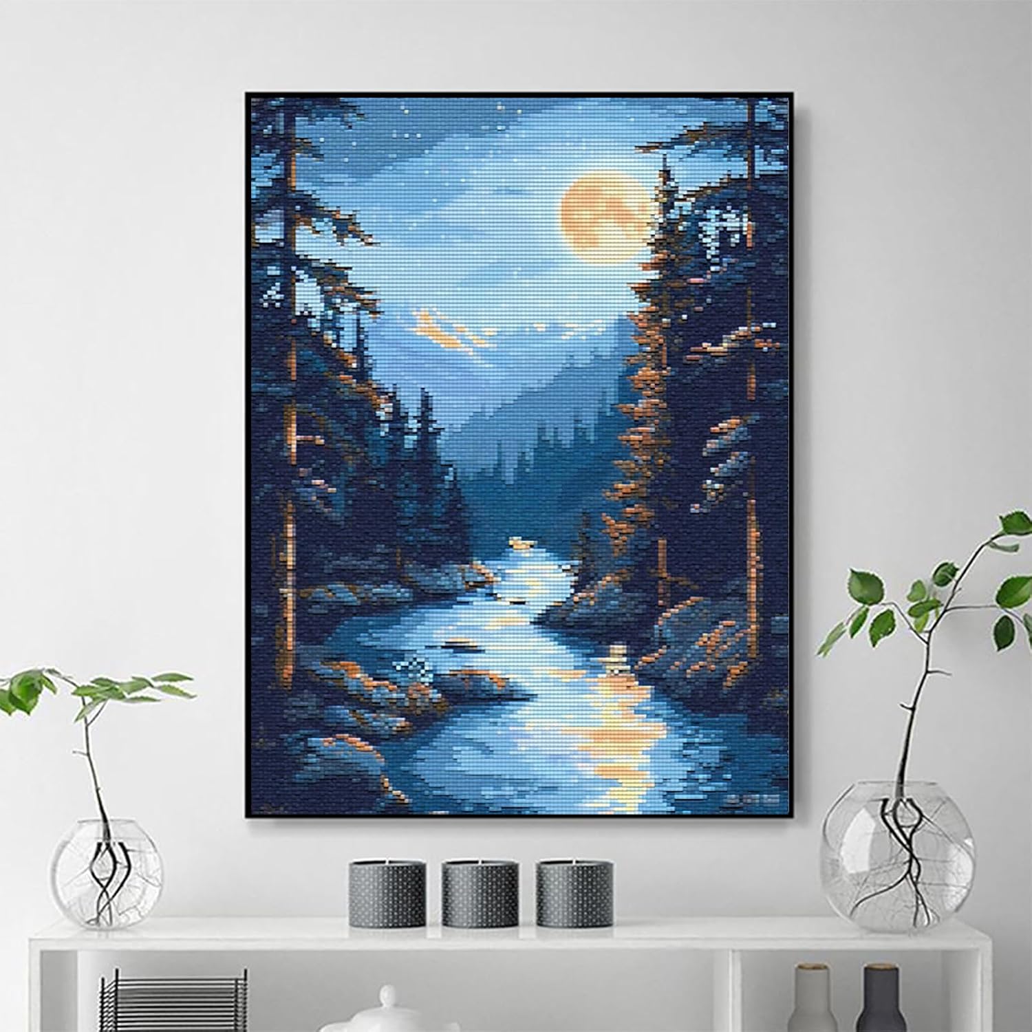 MIJVFNB Natural Landscape of River Trees Night Moon DIY 11CT Stamped Cross Stitch Kits for Beginners Easy Needlepoint Embroidery Stamped Cross Stitch Art Craft for Wall Decoration, 12x16 inch