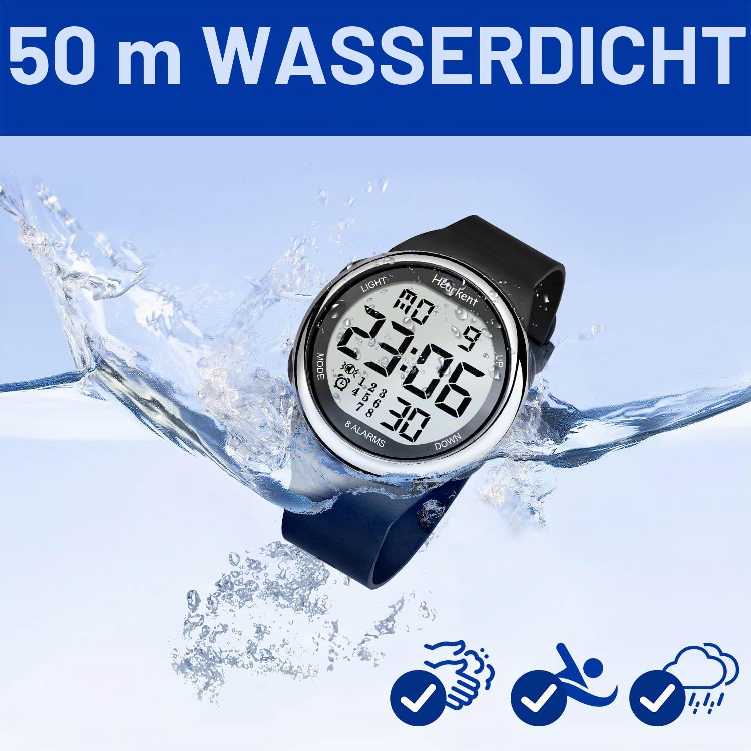 Hearkent Wasserdichte Uhr mit 8 Vibrationsalarmen, Medizin, Pillen-Erinnerung, Uhr für ältere Menschen, Senioren, LCD-Anzeige, große Zahlen mit Hintergrundbeleuchtung