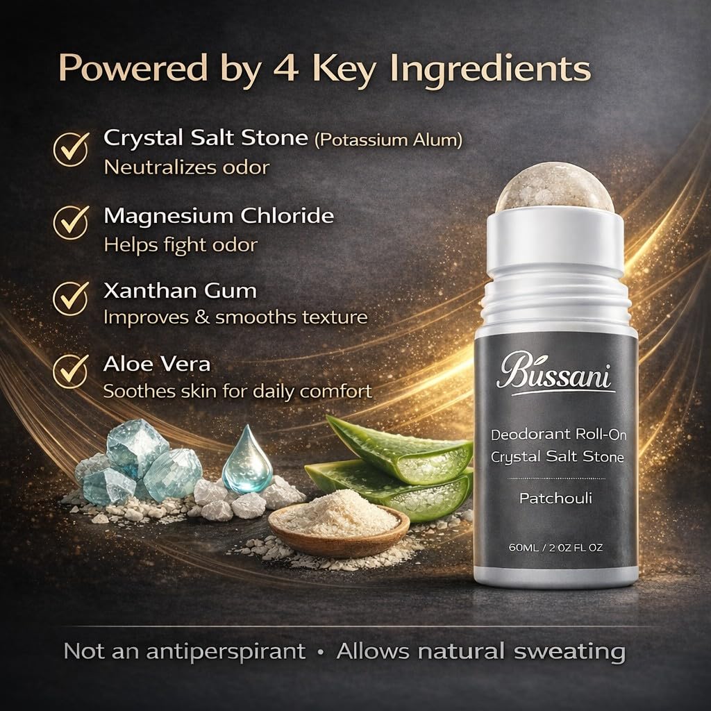 Bussani Crystal Salt Stone Deodorant Roll-On for Men – Made from Powdered Alum Stone, Aluminum & Baking Soda Free, Gentle Odor Protection, Patchouli Scent, 2.02 fl oz - Image 4