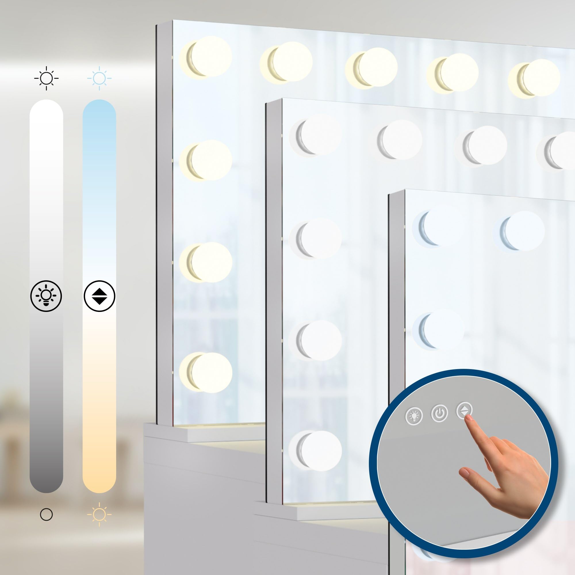 Coiffeuse Lerona avec Miroir Hollywood et éclairage LED, Table de Maquillage avec 7 tiroirs, Prises USB, Design Moderne, Couleur Blanc