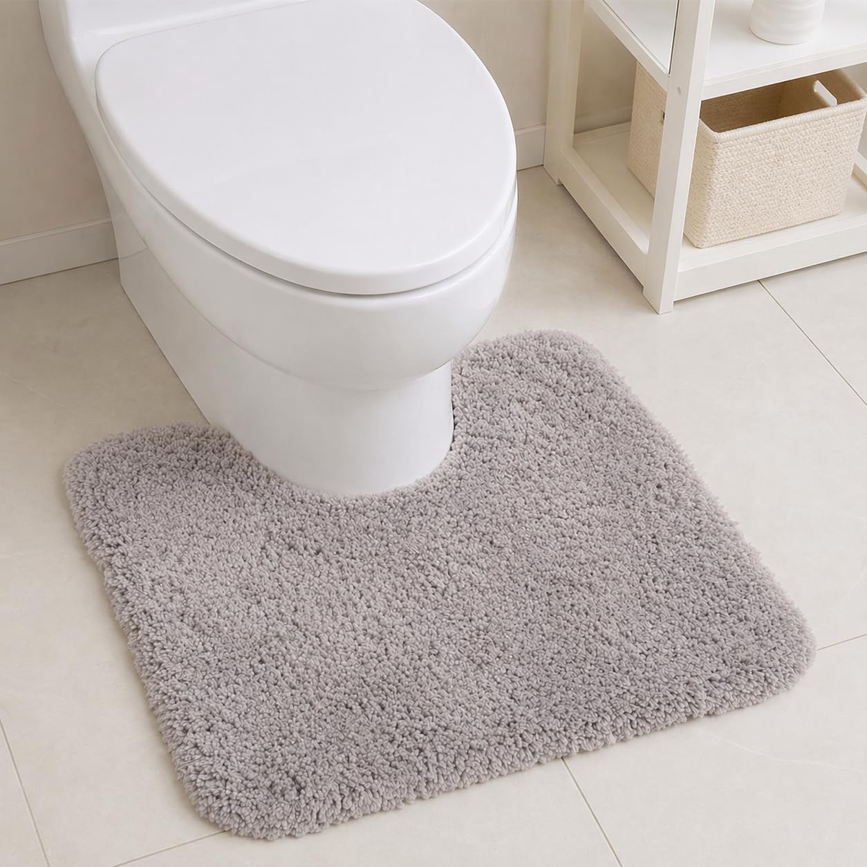PUFFMAT Toilet Mat 50 x 40 cm U-Shaped Light Grey, Microfibre Pedestal Mat with Soft Plush Pile and TPR Backing, Machine Washable Bathroom Rug for Toilet Area, Ensuite and Guest Bathroom