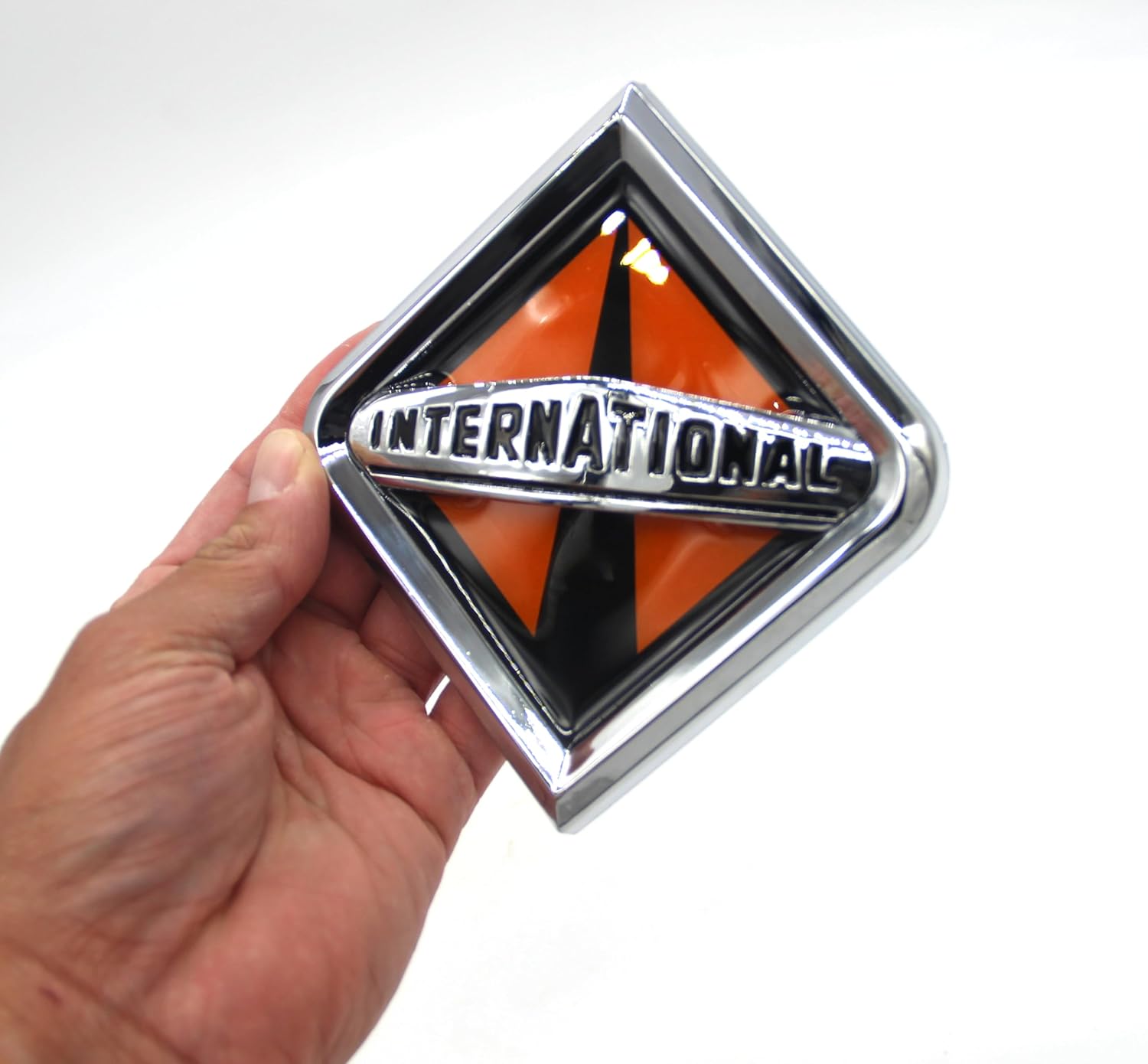 Generic Compatible with International Truck Front Hood Grille Emblem - Chrome/Orange 3550901C2 5"" W X 5.5"" H Adhesive Resin, DLF5852FGHT