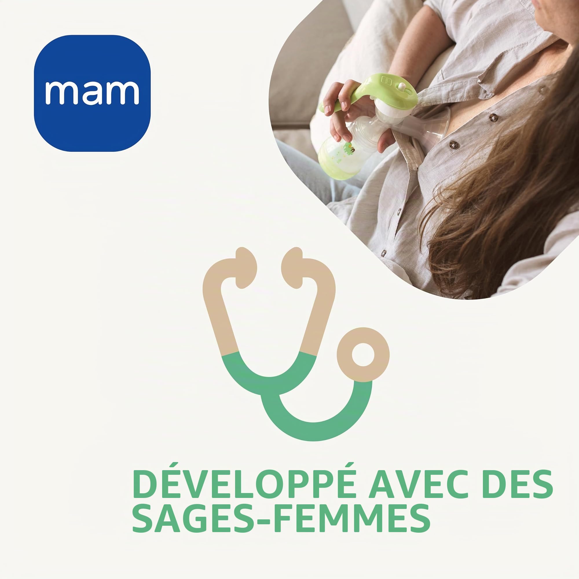 MAM Tire-lait manuel, manipulation facile et relaxante, efficace, hygiénique et confortable avec extraction directe dans le biberon ou le récipient de conservation, comprend un biberon MAM Easy Start