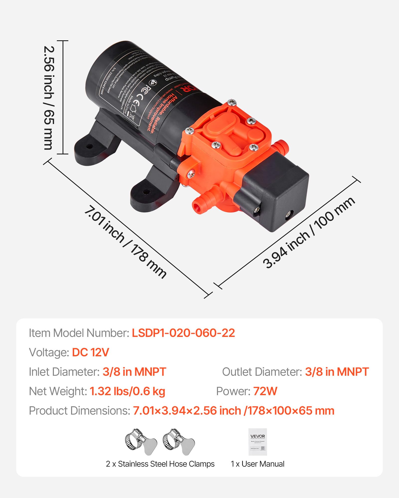 VEVOR Pompa a Membrana dell'Acqua per Camper 12 V CC 4,5 L/min, Pompa dell'Acqua a Membrana Autoadescante a 2 Camere Pressione max. 80 PSI, per Camper, Roulotte, Barche, Irrigazione Giardino
