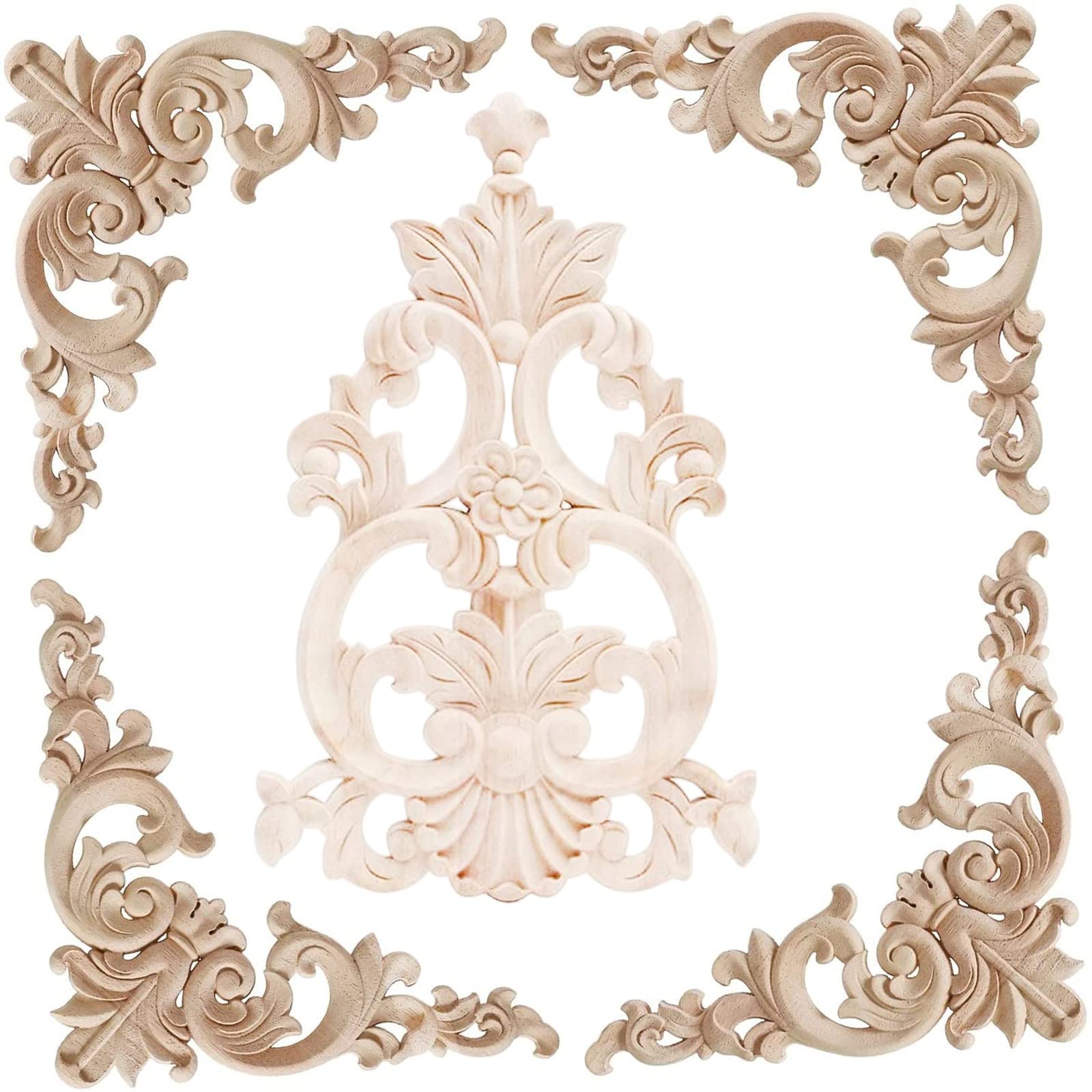 LXYUUM 5PCS Wood Appliques Onlays Decorative for Furniture Wood Carved Onlay for Bed Door Cabinet Wardrobe Furniture Long Decoration Unpainted Wood