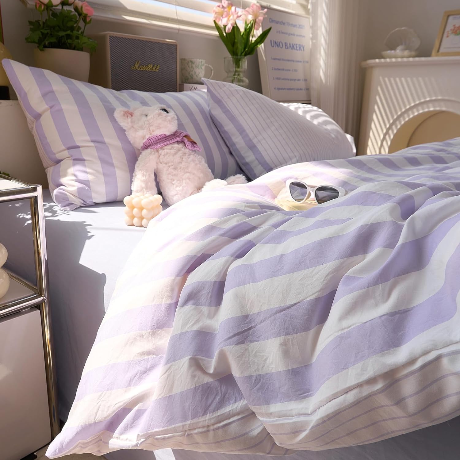 Purple Striped Twin Bed Duvet Cover Vintage Cute Comforter Cover Twin Soft Farmhouse Boho Hotel Duvet Cover Set with Hidden Zipper Dorm Room Girls Bedding Set Washed Microfiber Duvet Protector