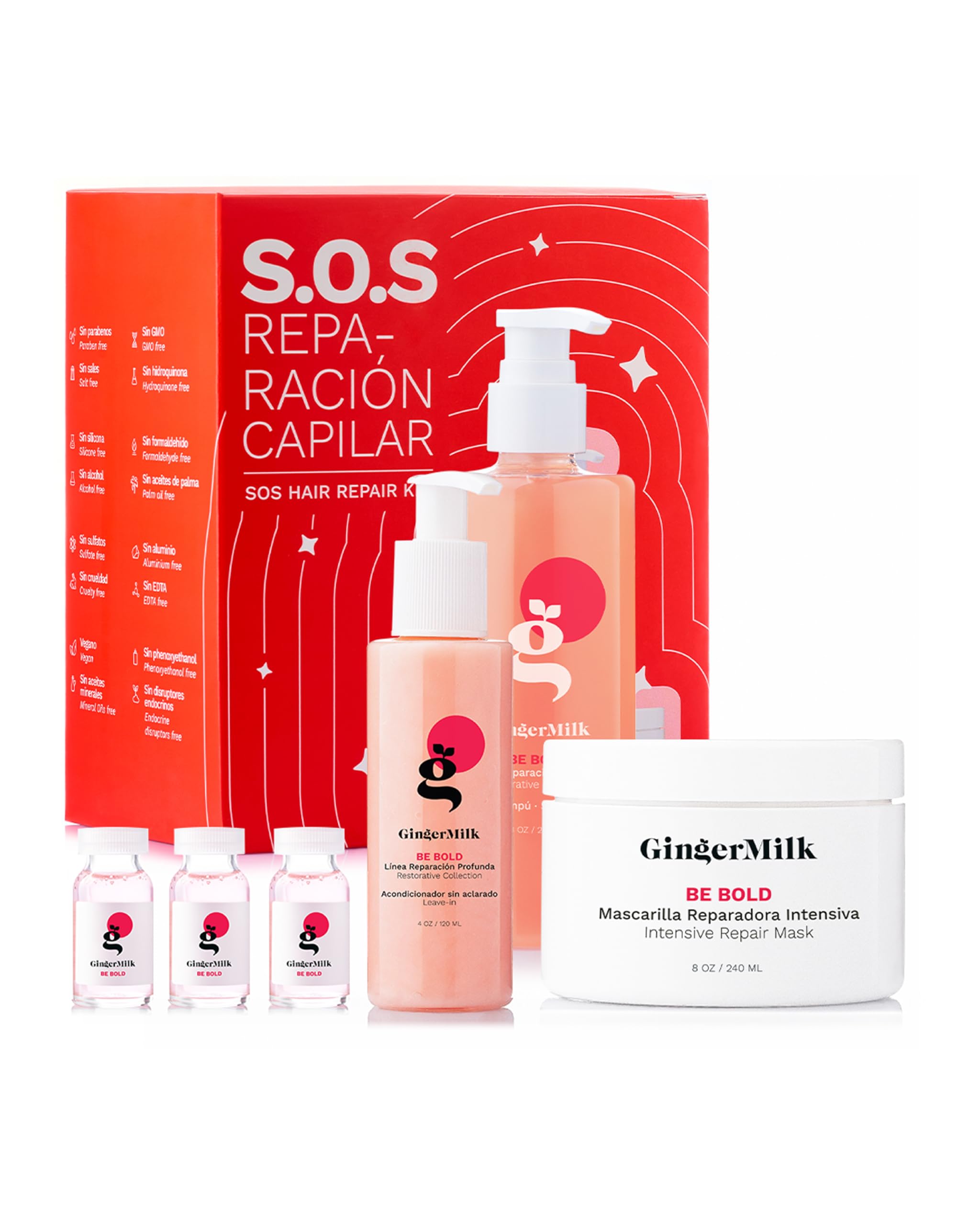 Ginger Milk Natural Care SOS Hair Repair Kit – Champú, Mascarilla, Leave-In y Ampollas con Ácido Hialurónico y Keratina – Rutina Capilar 4 Pasos para Cabello Seco, Dañado o Teñido