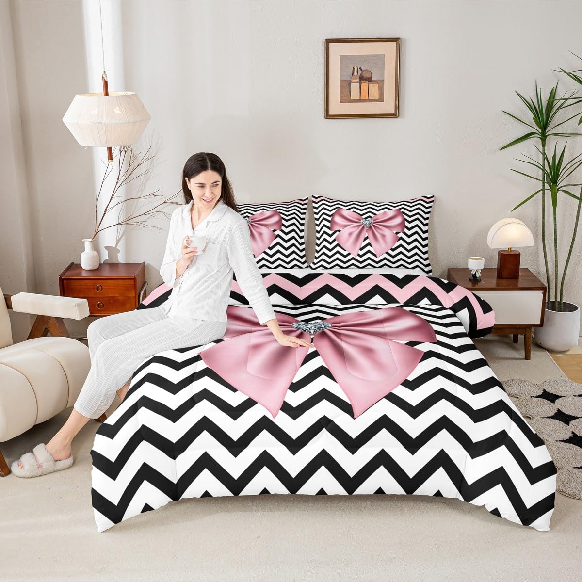 Pink Bow Comforter Set Queen Size,Wavy Stripes Bedding Set 3pcs for Kids Teens Girls Adult Room Decor, Geometric Quilt Set Black Duvet Insert with 2