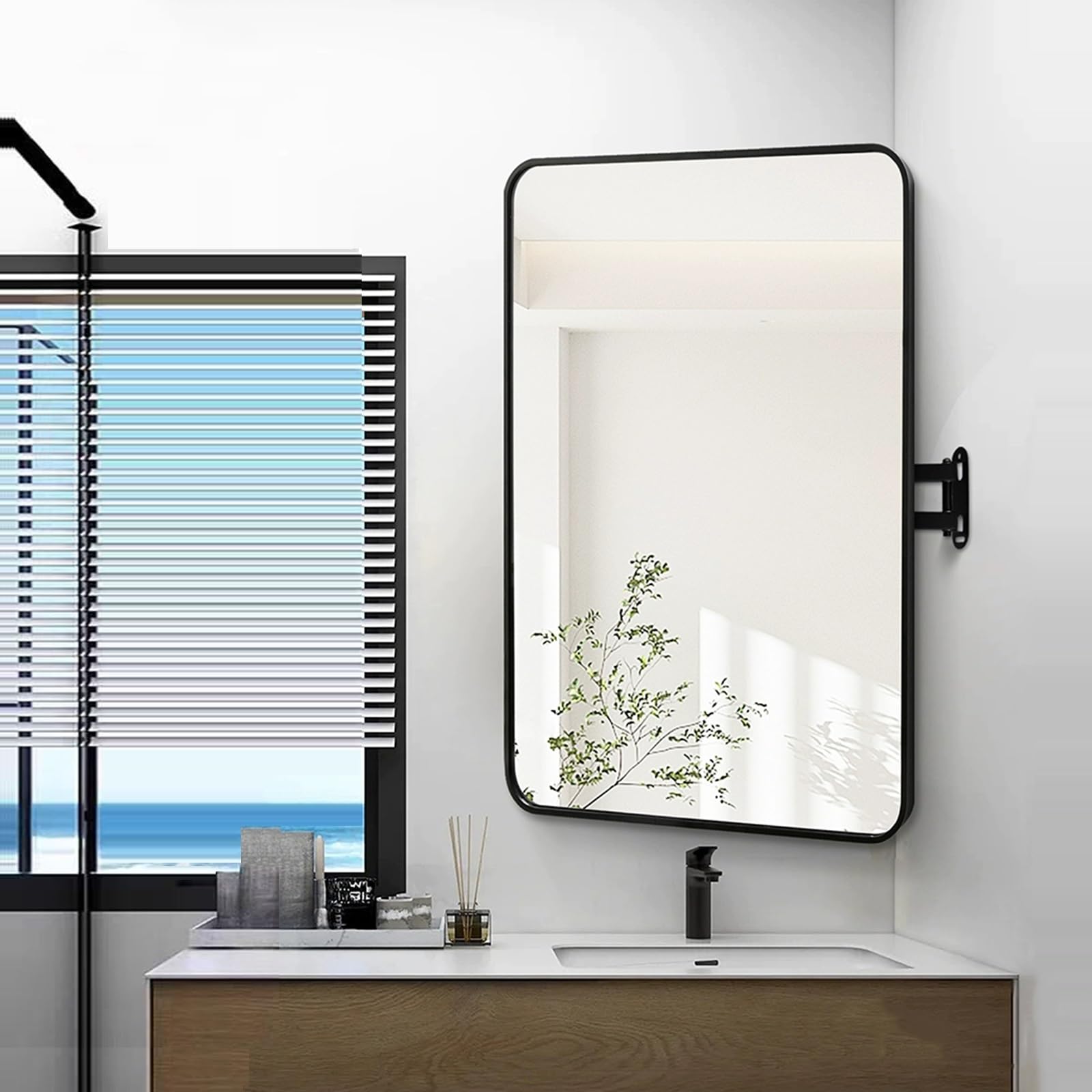 Specchio angolare da Bagno, Specchio Rettangolare Girevole con Cornice in Metallo Spazzolato, Braccio Estensibile e Girevole, specchi inclinabili e orientabili in Verticale e orizz