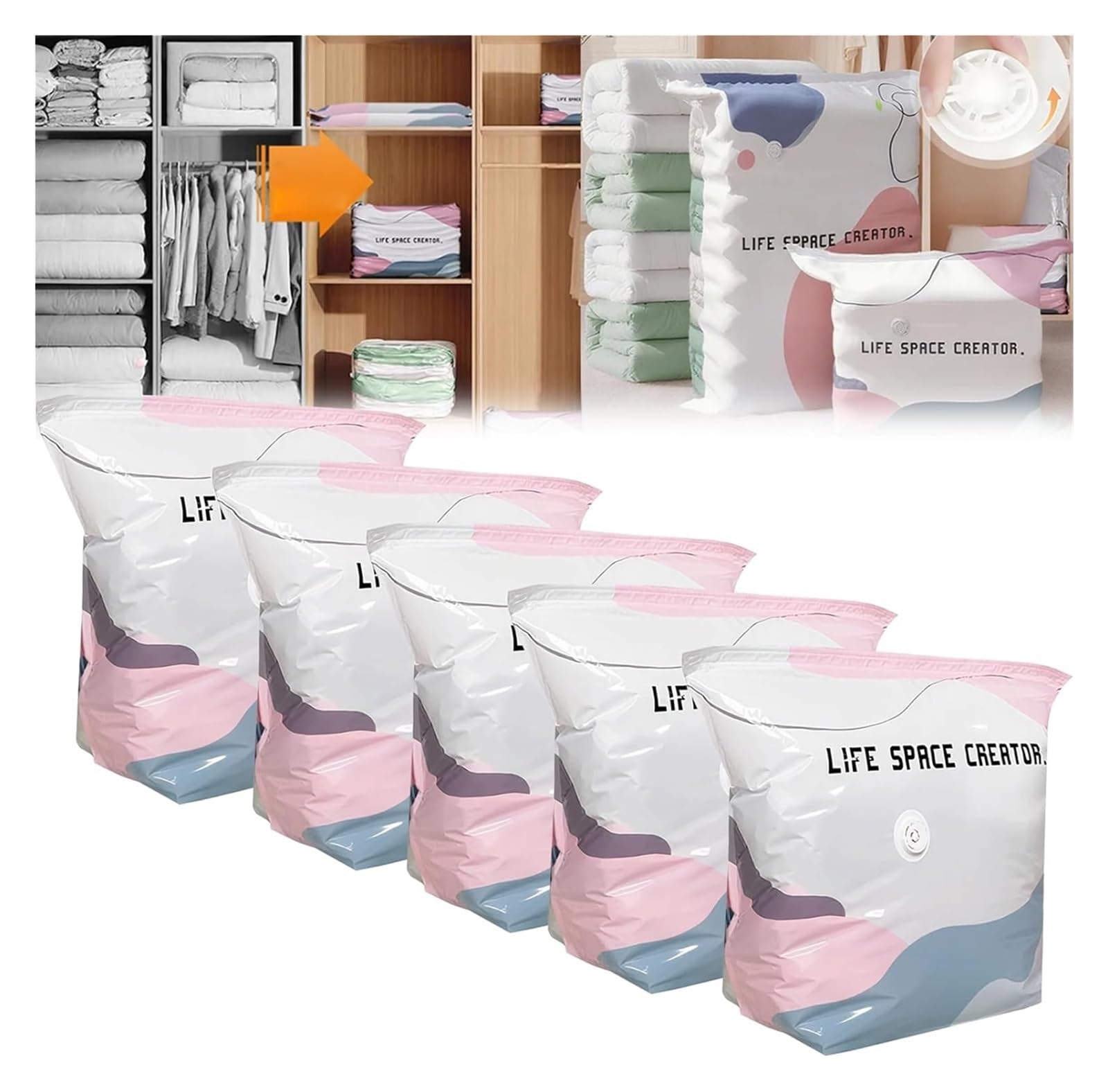 Pump-Free Vacuum Storage Bags, 2026 New Cube Space-Saving Compression Bags, Upgraded Large 3D Pump-Free Vacuum Storage Bags for Clothing, Duvets & Blankets(5PCS,(50 * 70 * 30CM))