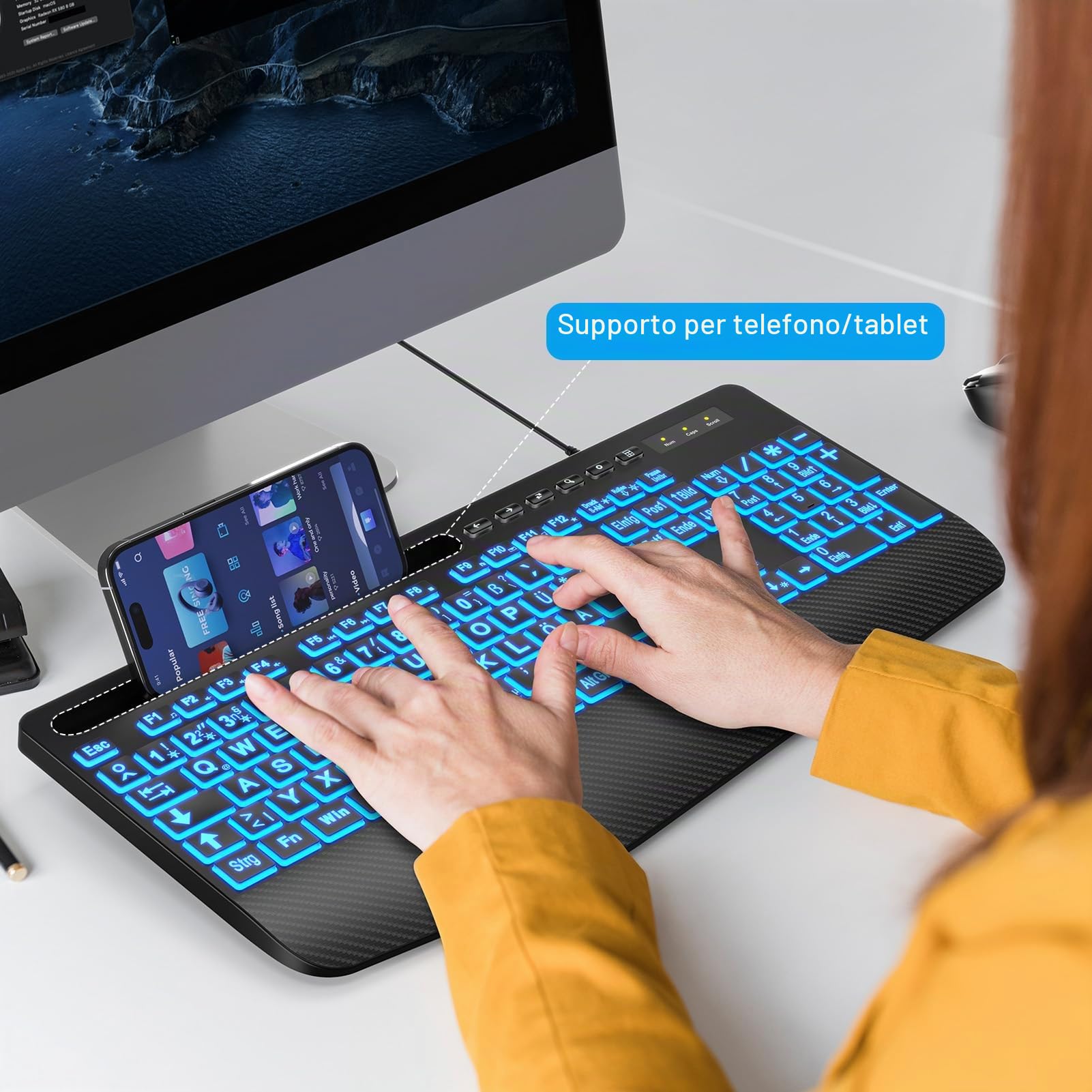 SABLUTE Tastiera Cavo USB illuminato ergonomico per PC - Retroilluminazione a 7 colori, grande pressione, supporto per telefono, facile da leggere