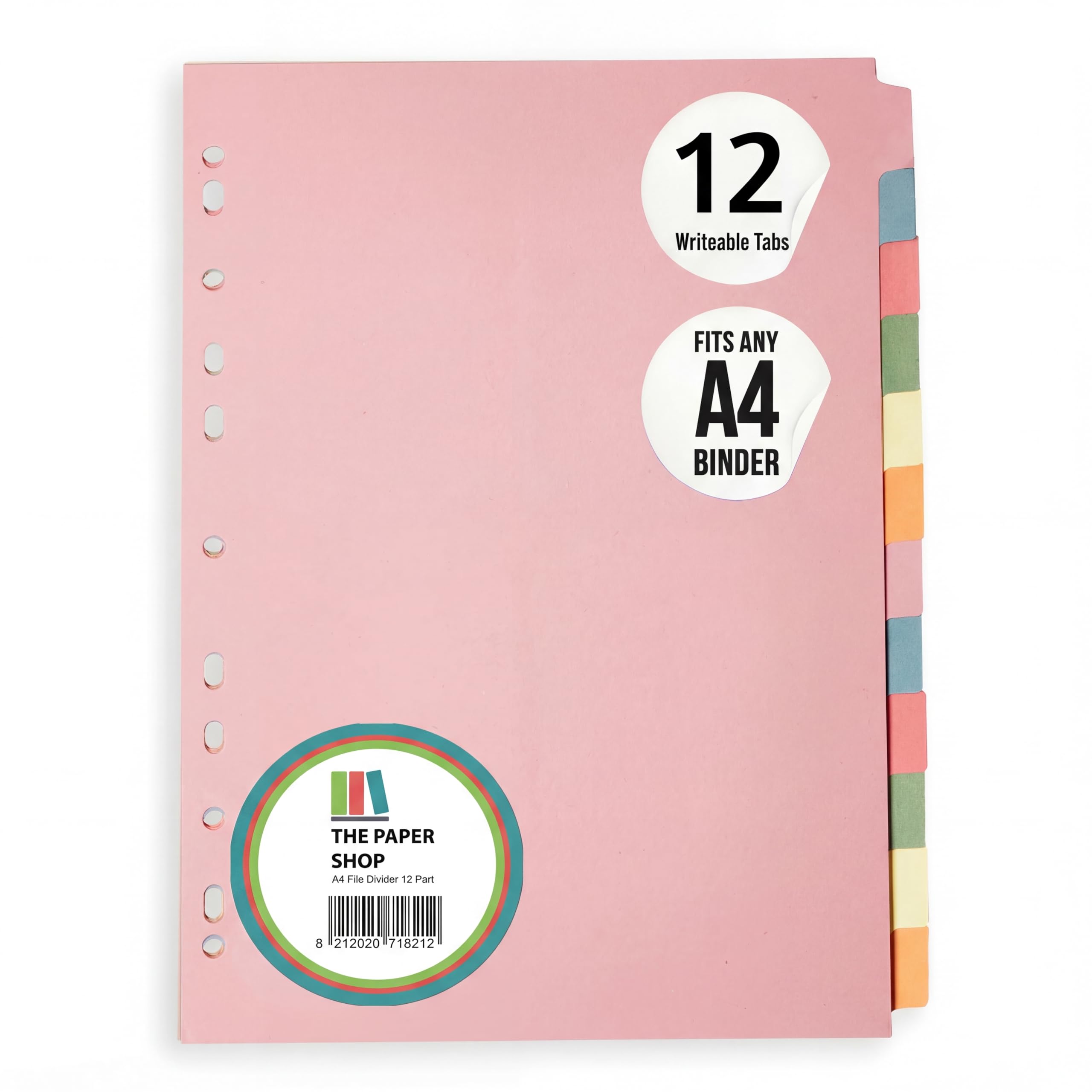The Paper Shop 12 Tab Dividers for 3 Ring Binder - A4 (1 Pack) | Write-On Binder Dividers with Tabs for Office School &amp; Home | Coloured Index Tabs, Blank &amp; Writeable | Fits Any 3-Ring File