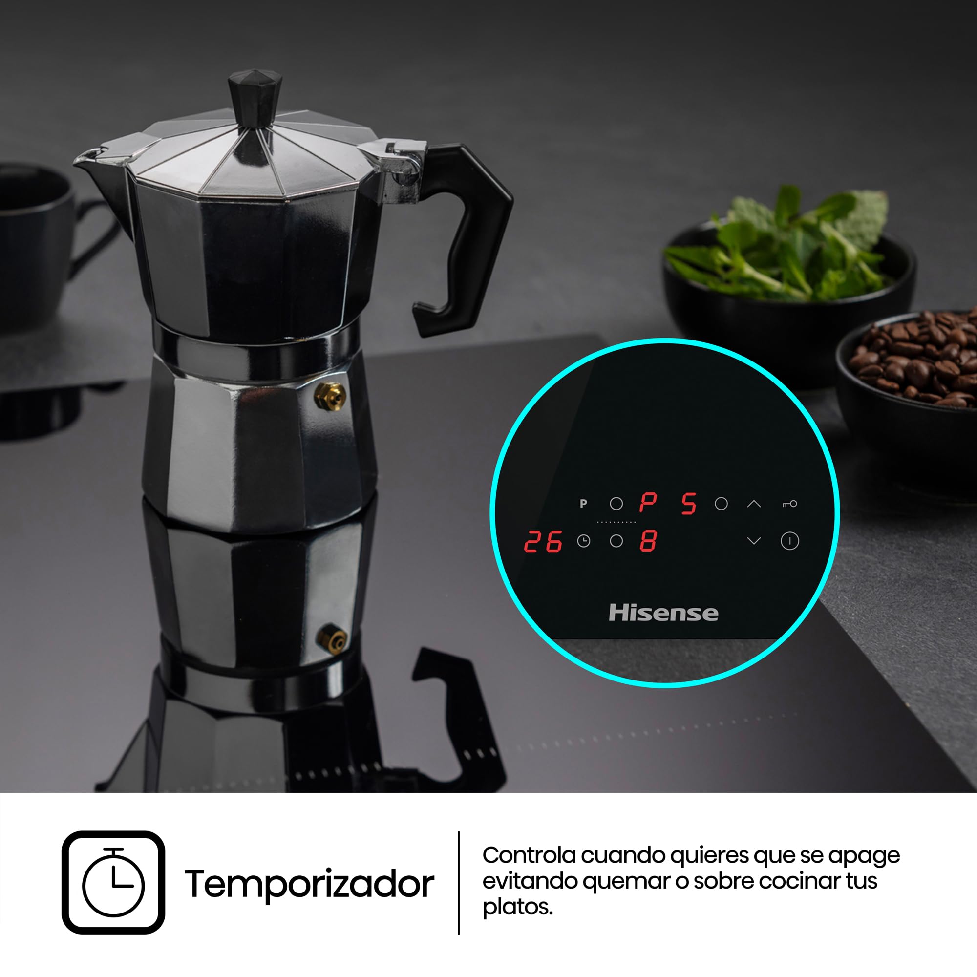 Hisense HI6321BSOLCE - Placa Inducción 3 zonas, 1 con foco gigante 32 cm, 2 conectadas entre si área Bridge, encimera de 60 cm, bloqueo infantil y terminación biselada
