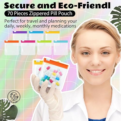 Miniatura 10 de 70 bolsas semanales para píldoras, con cremallera, reutilizables, organizador de medicamentos, bolsa de medicina, bolsas de plástico de viaje con