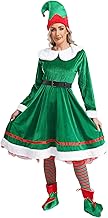 Freebily Elf Costume Women's Costume Santa Claus Christmas Dress with Belt Hat Socks Shoes Flannel Dress Set of Mrs Claus Costume Carnival Christmas Halloween