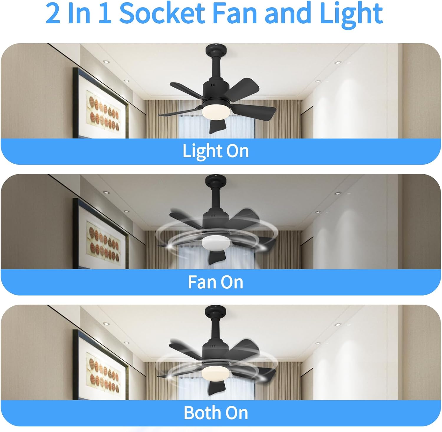 LANMEL Socket Fan Light with Remote & APP, 17.7'' Socket Ceiling Fan with Socket Extender, 3 Colors LED Light Bulb, Screw in Small Ceiling Fan for Bedroom Living Room Kitchen Garage