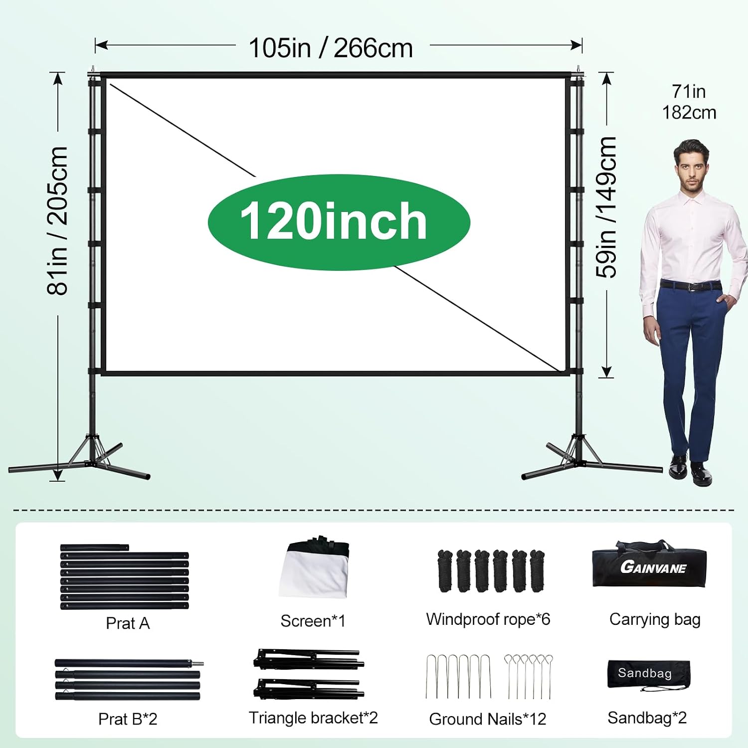 120 inch Projector Screen with Stand - Portable Indoor Outdoor Projection Screen 16:9 4K HD Wrinkle-Free Movie Screen, Double Sided with Carry Bag for Backyard Theater