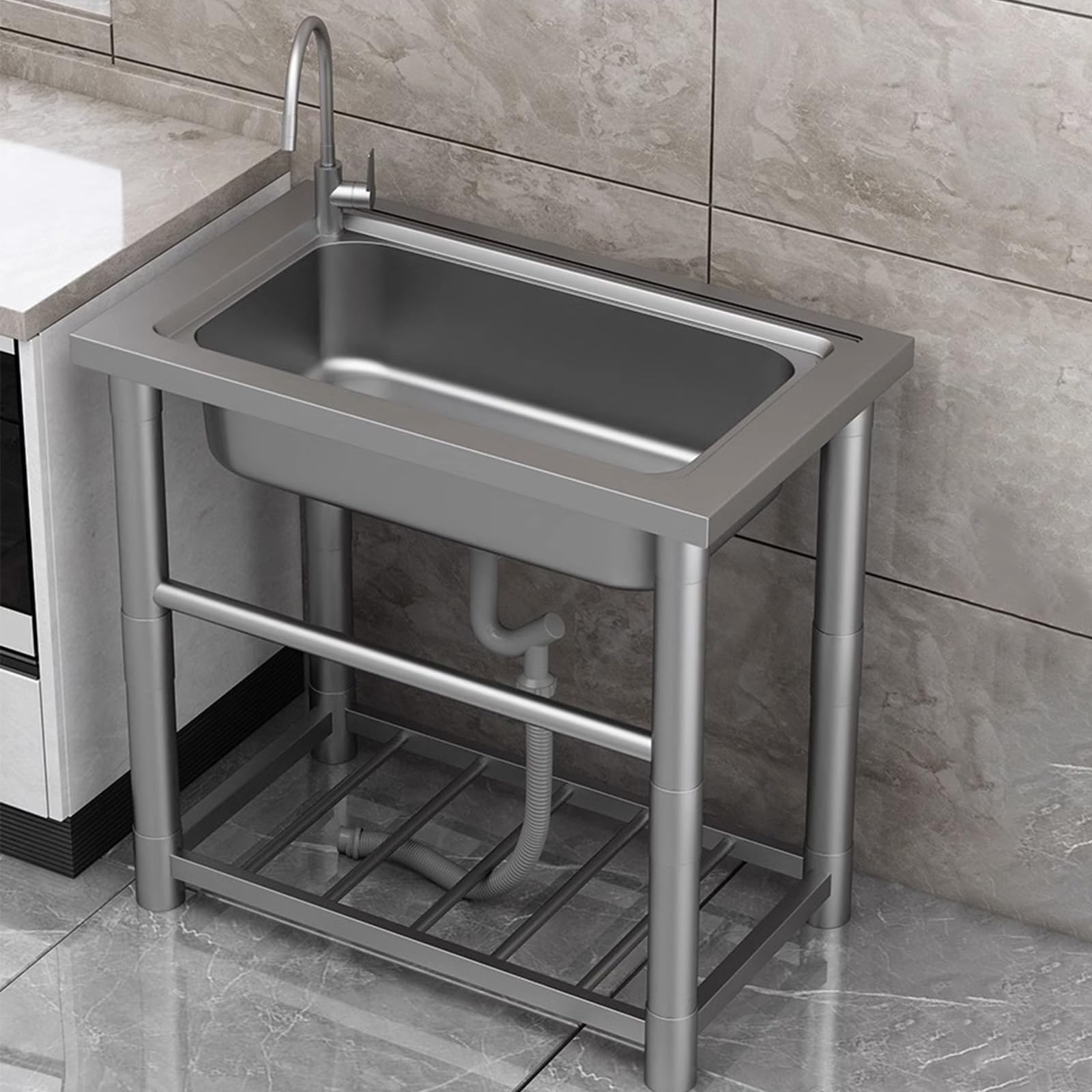 TAXXII Stainless Steel Utility Sink Single Trough, Free Standing Outdoor Garden Sink, with Hot and Cold Faucet, Commercial Kitchen for Laundry, Backyard, Garage, Restaurant (Color :