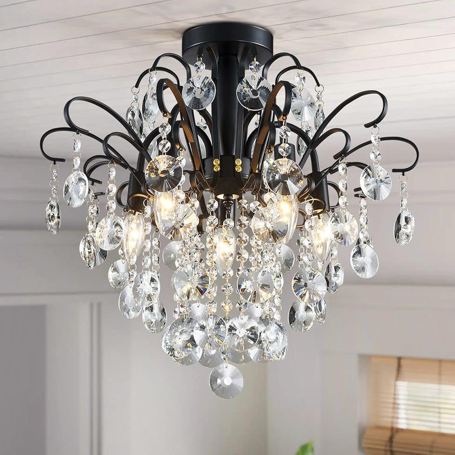 – WUZUPS Crystal Chandelier 5-Light Pendant Ceiling Light Modern Lighting Fixture for Bedroom Hallway Bar Kitchen Bathroom, H 45 x W 50, E14 Base, Black