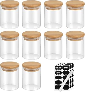 efuturetime 10pcs 200ml Storage Jars Glass round, φ6.2x9cm, Storage Jars Glass with Bamboo Lid Airtight, Spice Jars The Ice Cream Set, Glass Container with Tag for Cereal, Nuts, Powder