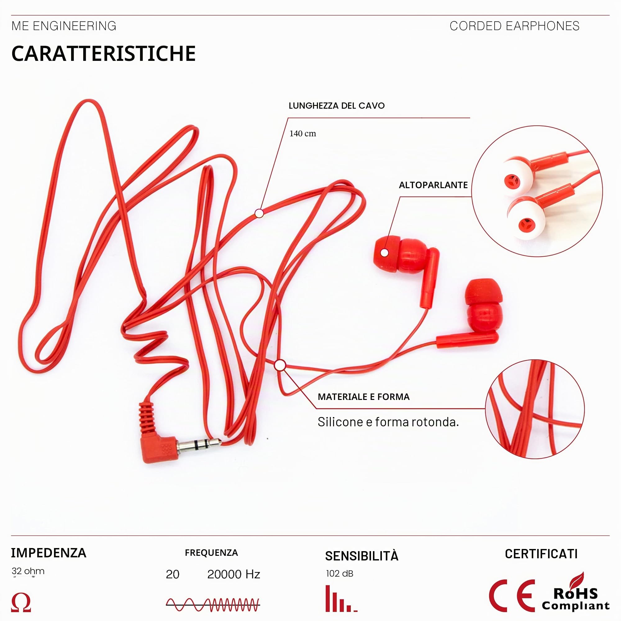 M&E - Confezione da 100 auricolari usa e getta, connessione jack 3,5 mm, presentazione in sacchetti singoli EcoFriendly per la massima igiene, colore rosso