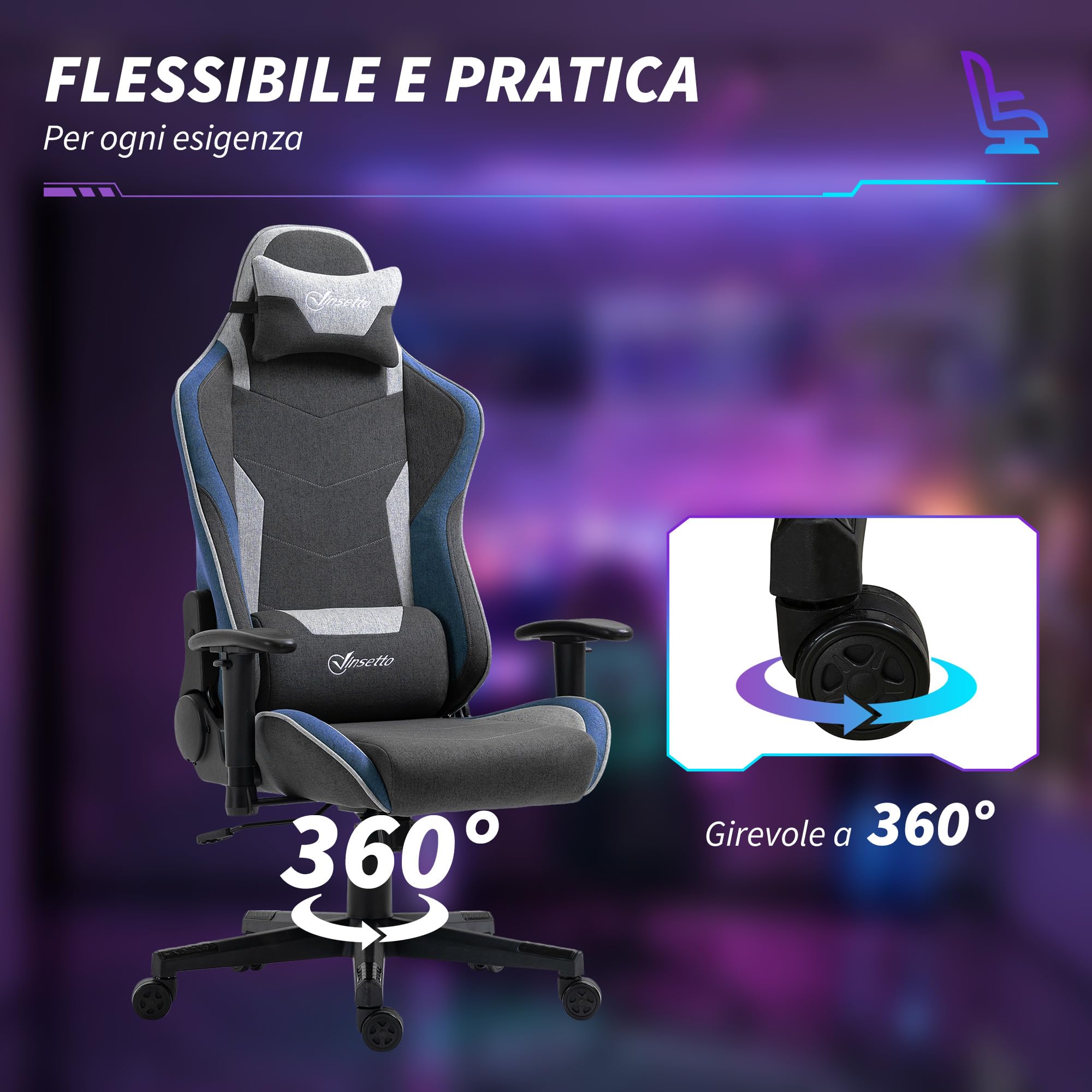 Vinsetto Sedia da Gaming Ergonomica, Poggiatesta e Altezza Regolabile, Blu | Braccioli, Poltrona Gaming Ufficio Reclinabile, Tessuto Effetto Lino, Funzione Dondolo, Supporto Lombare