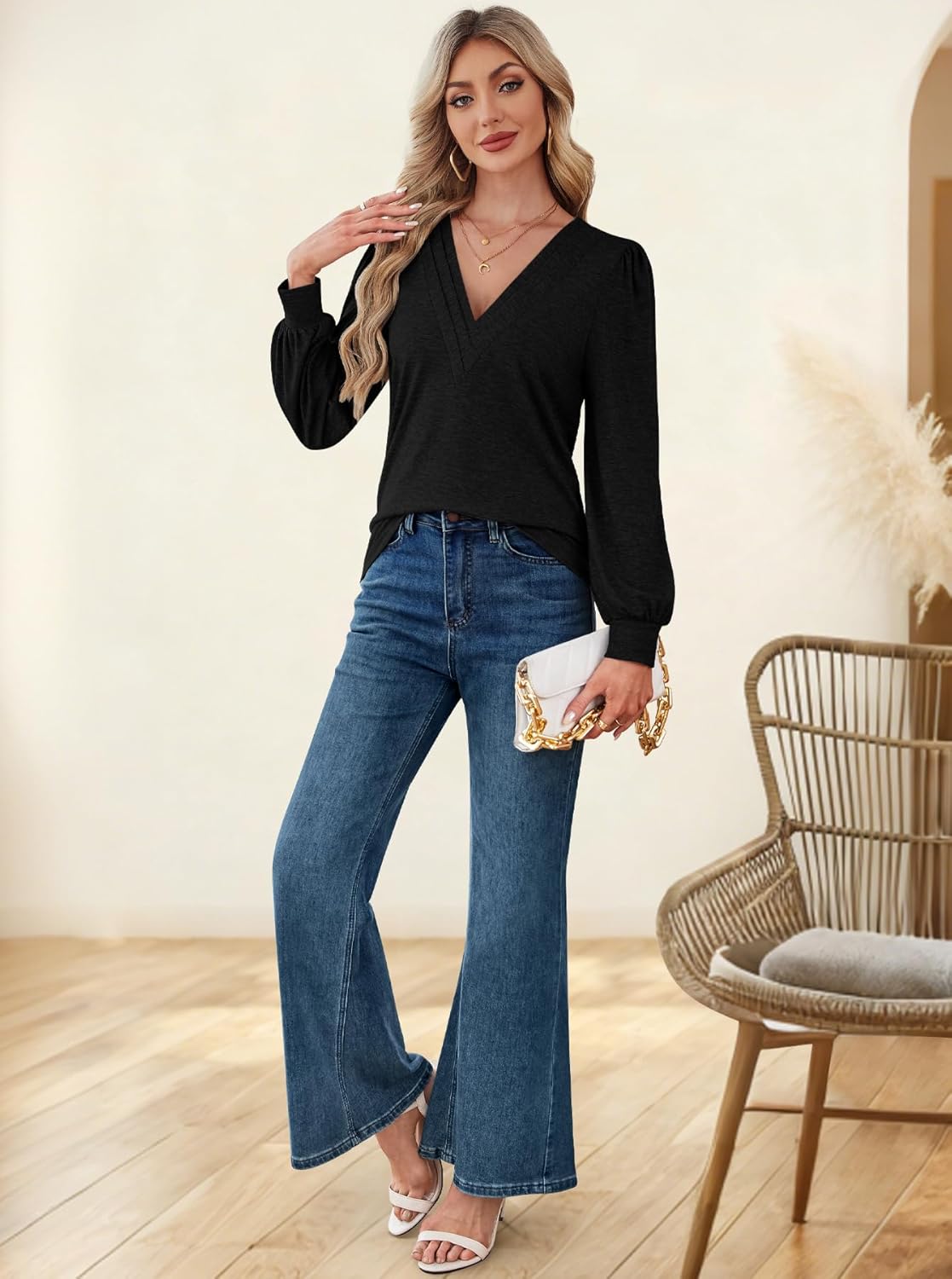 Womens Tops V Neck Dressy Casual Blouses Long Sleeve Shirts Business Work Blouse Pleated 2025 Trendy Tunic Top - Image 4