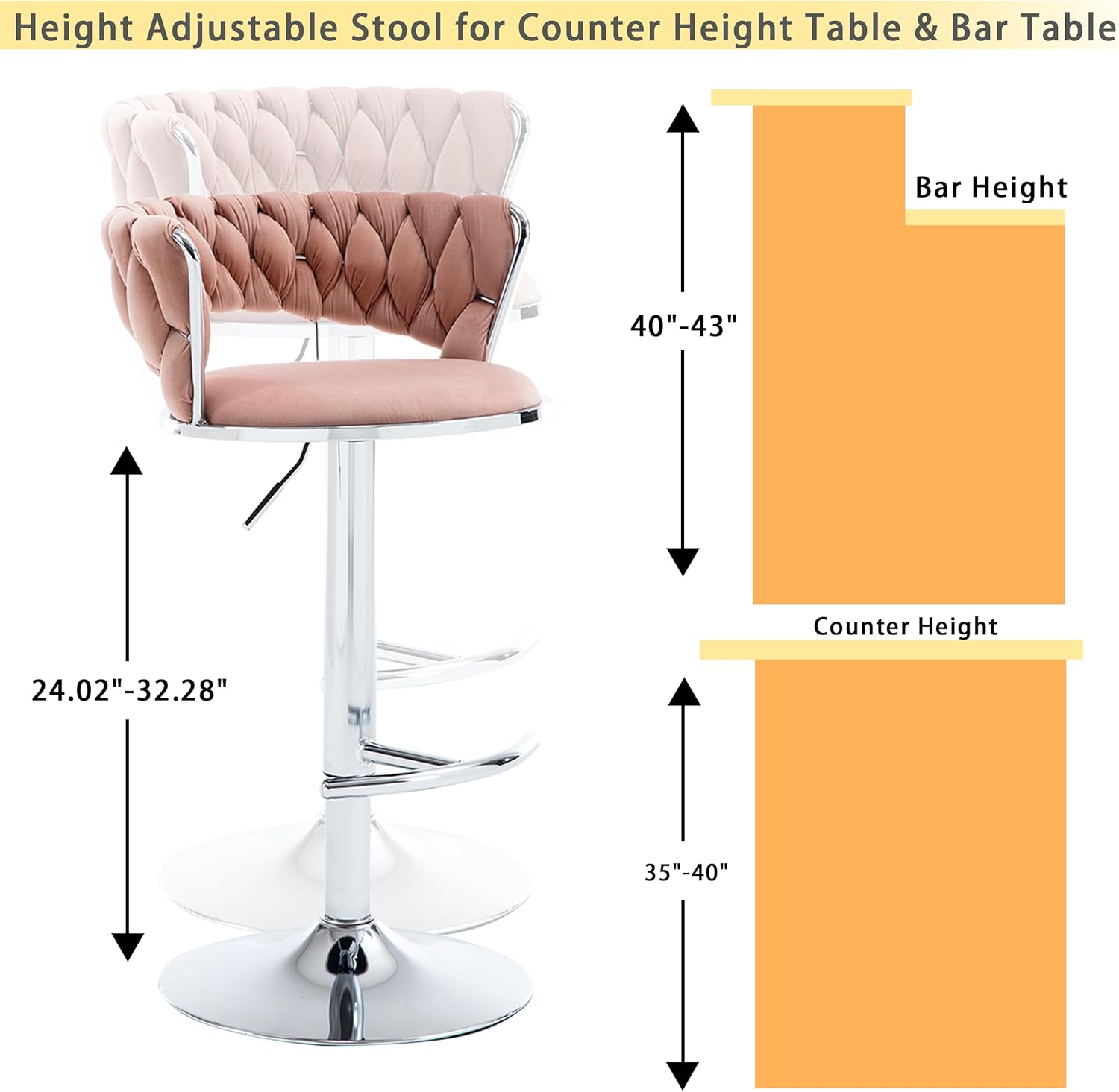 Barstool Set of 2, Velvet Bar Stools with Back, Adjustable Bar Stool Chairs, 360° Swivel Counter Height Barstools (Pink - Chrome Base)