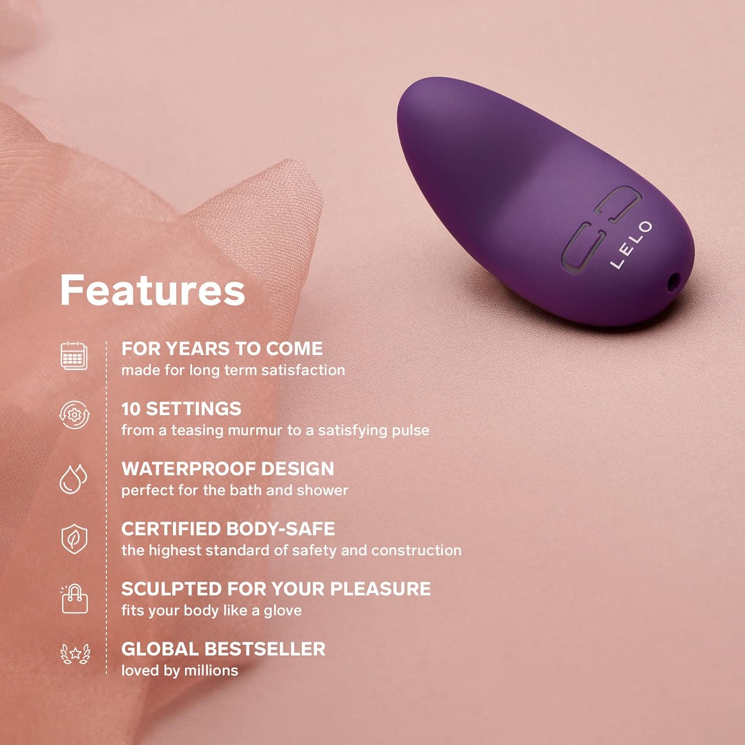 LELO Lily 3 features list: long-term satisfaction, 10 settings, waterproof design, certified body-safe, sculpted for pleasure, global bestseller.