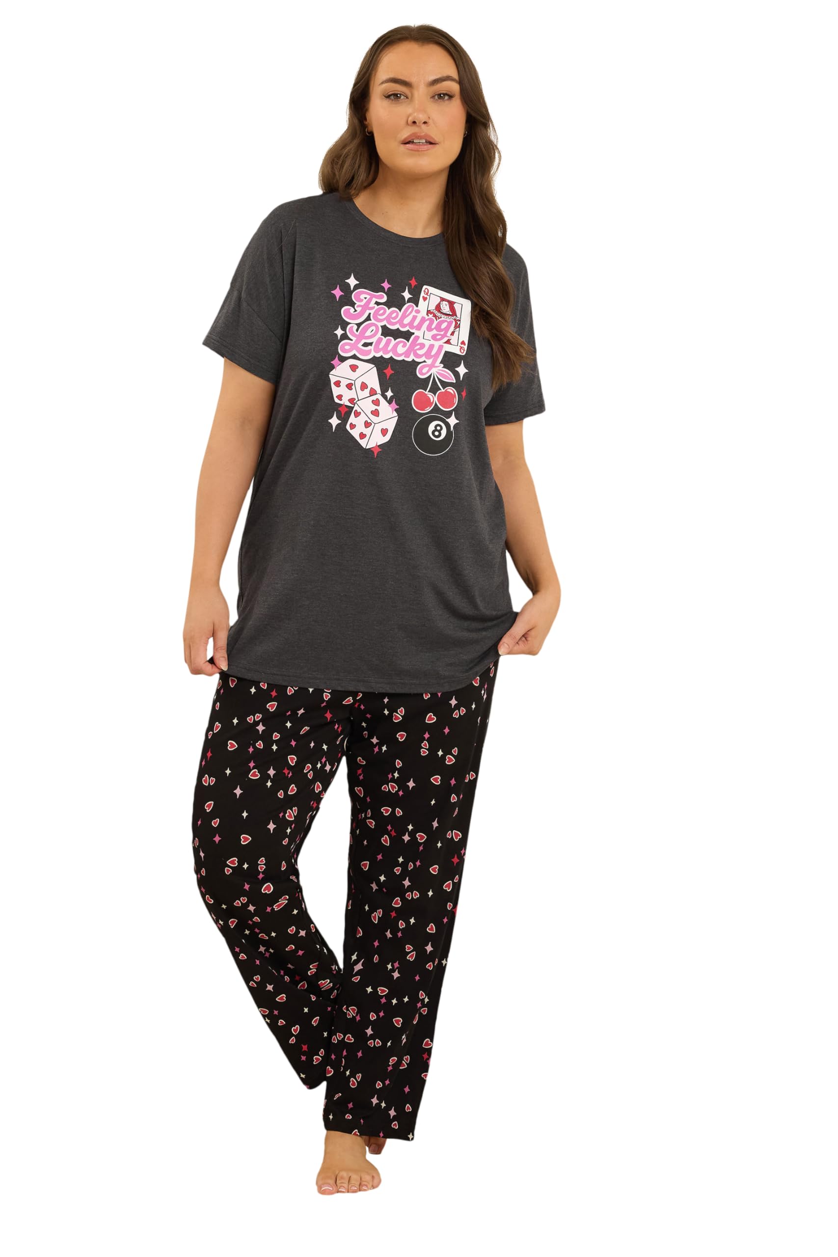 Yours Women's 'Feeling Lucky' Wide Leg Pyjama Set in Grey | Size: 30-32