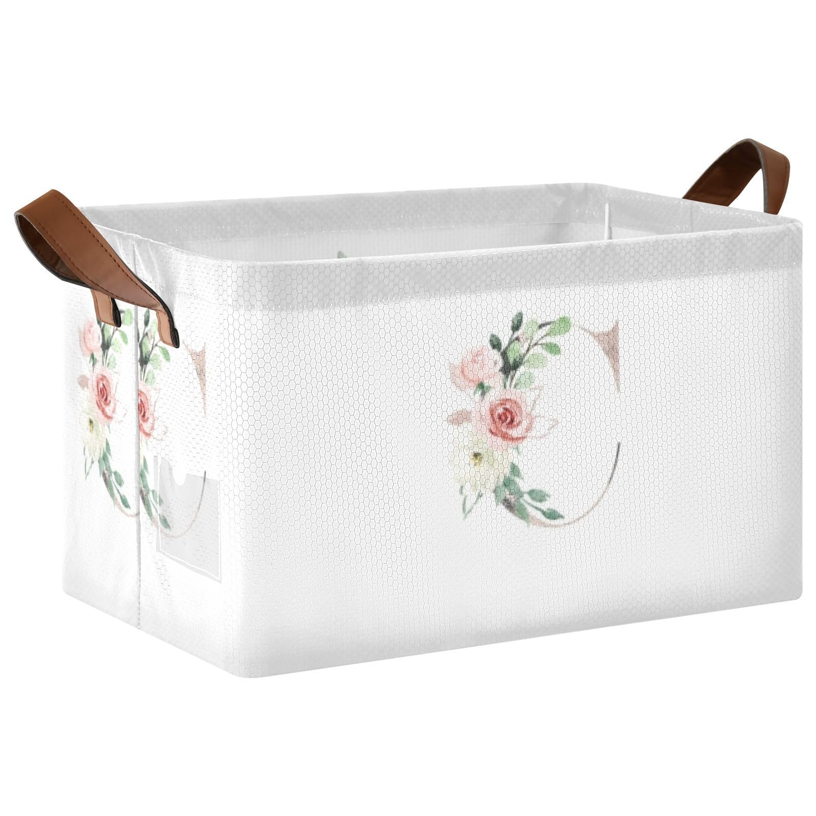 Floral Alphabet Monogrammed Rose Gold A Letter 1PC Rectangle Foldable Frame Basket Leather Handles Storage Bin for Laundry Bathroom Organizer M 16.9 x 11.4 x 10 inch