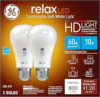 GE Lighting Relax HD A19 General Purpose LED Light Bulb, 60-Watt Replacement, Soft White, Medium Base, Dimmable, 2-Pack