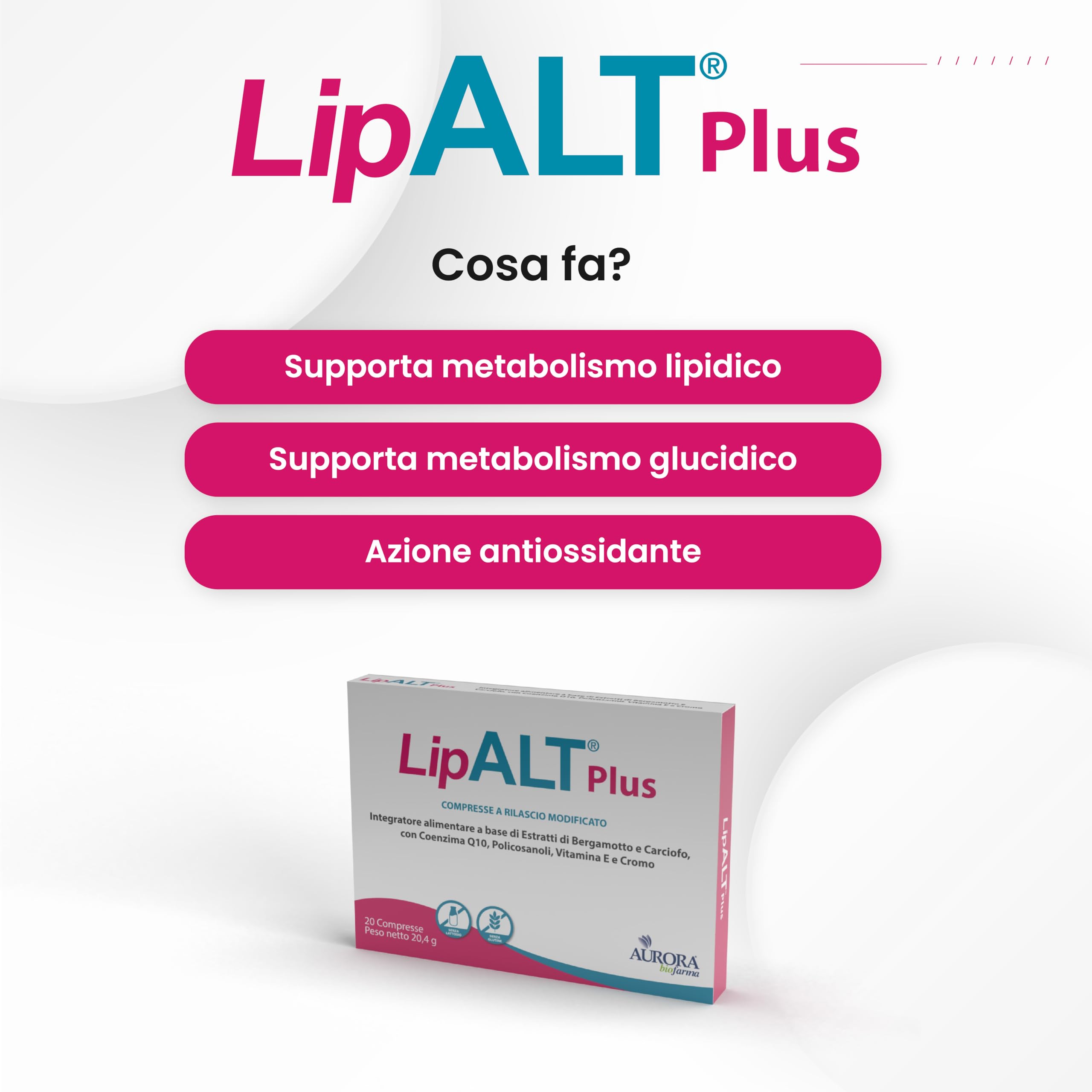 Lipalt Plus - Integratore Senza Monacolina K - Integratore a Base di Coenzima Q10, Bergamotto, Carciofo e Policosanoli - 20 Compresse Senza Glutine e Lattosio