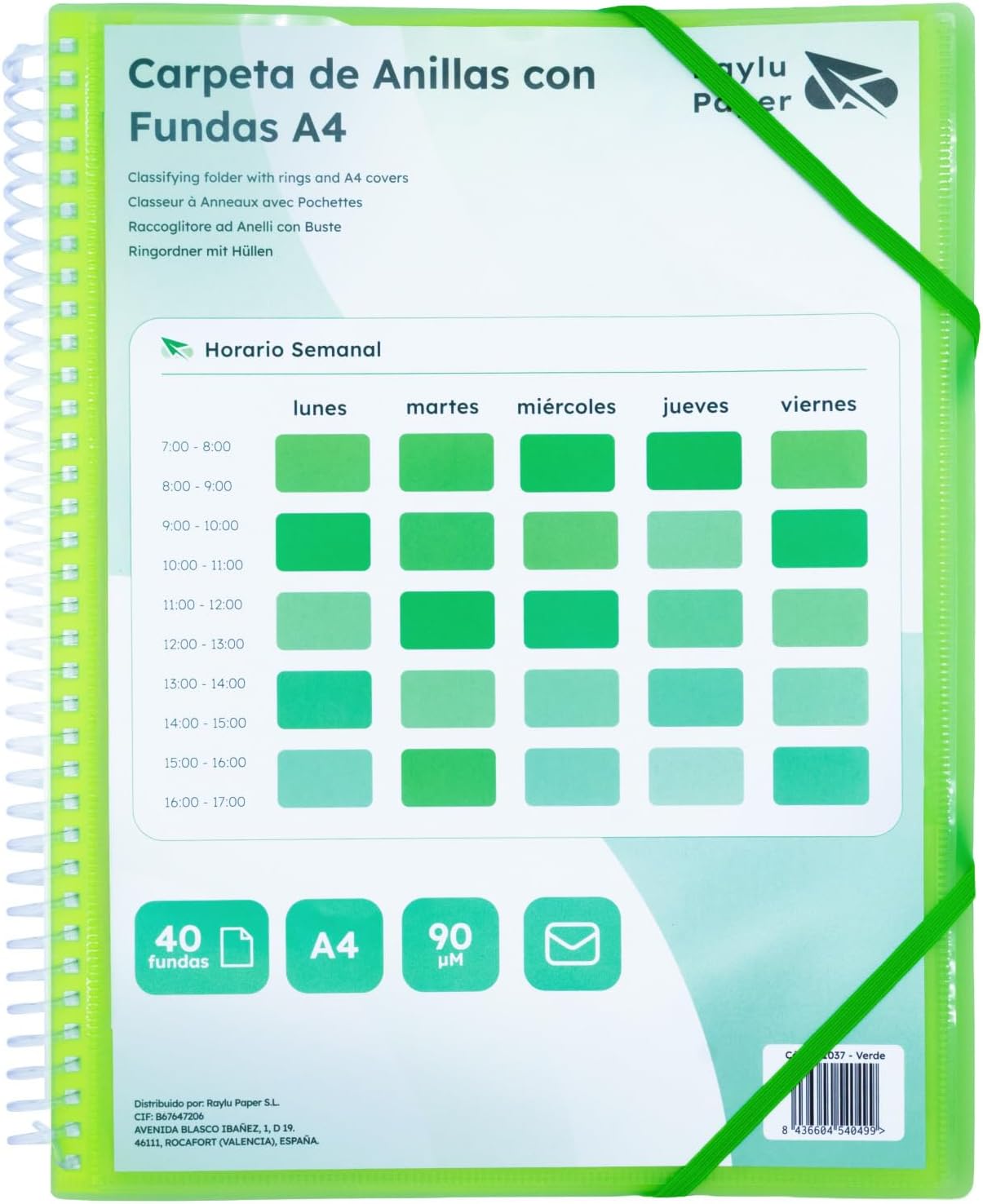 Raylu Paper® Ring Binder with Clear A4 90 Micron Sleeves and Envelope with Velcro Closure, Customisable Cover, 100% Biodegradable Pocket Folder (40 Pockets, Green)