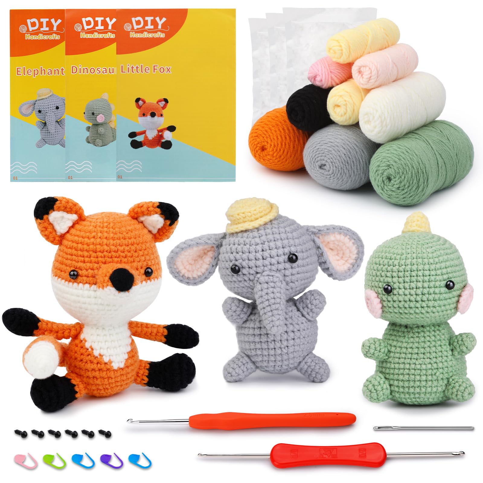 kdafio 3 Pcs Crochet Kit for Beginners, Crochet Animal Kit with Step-by-Step Instructions Video for Starter Includes Enough Yarn Hook Accessories
