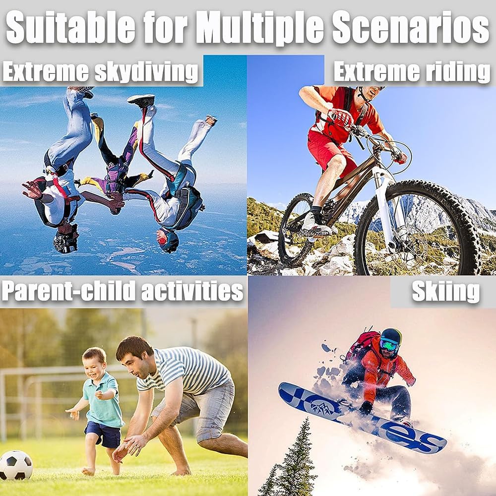 Four scenarios where the camera can be used: extreme skydiving, extreme riding, parent-child activities, and skiing.